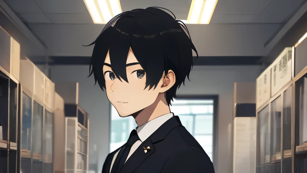 barber cut、new employee、suit、black hair、male、22 years old、office、Has a kind face