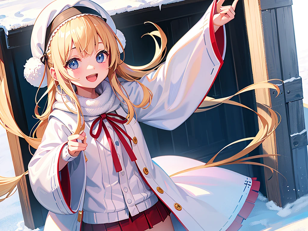 photo realistic, photo realistic, photo realistic, (masterpiece,best quality:1.4),(8k,raw photo,photo realistic:1.2),Not Safe for Work, detailed skin,detailed face,1girl,Japanese idol,cute face,1 girl、cute、blonde、wavy hair、long hair、medium bob、Knitted hats、ribbon、gloves、white breath、face close up、はにかんだsmile、Winter clothes、Warm clothes、smile、14age、little girl、white breath、Breathe on your hands、white muffler、Idol、cape、robe、It's snowing、