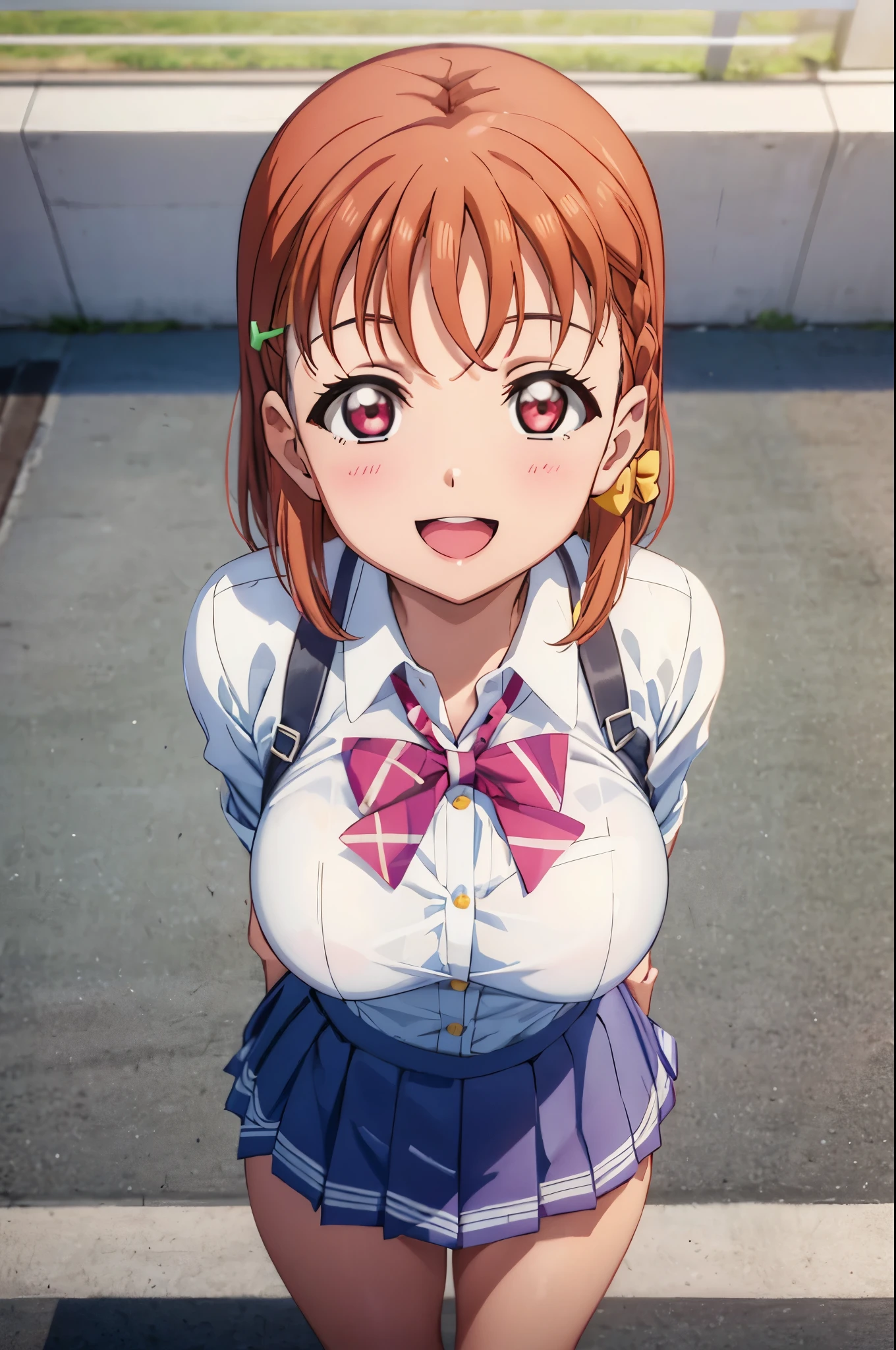 (((pixel perfect, Breasts Breasts boobs boobs Detail Perfect))), solo, 1 girl, Chika Takami, Uranohoshi&#39;s uniform, bow, Looking at Viewer, shy smile, :boobs boobs D、No bra