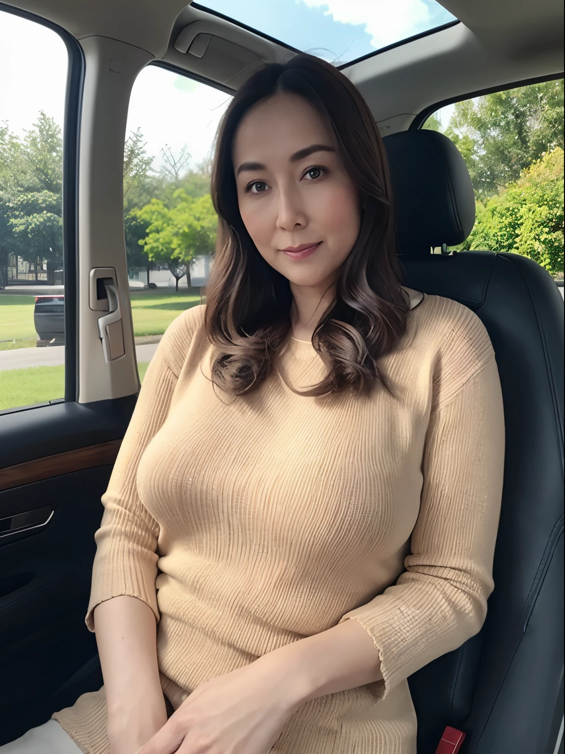 in 8K、Raw photography、Highest Quality、realisitic、Photorealsitic、Professional Lighting、masterpiece、Very delicate and beautiful woman)..Woman sitting in the driver's seat of a car and holding the steering wheel.wearing a knit .45 years old. Has big breasts of J cup.,Rounded buttocks,Beautiful woman with slender,looking camera,Wear clothing that does not expose too much skin.Suspicious expressions