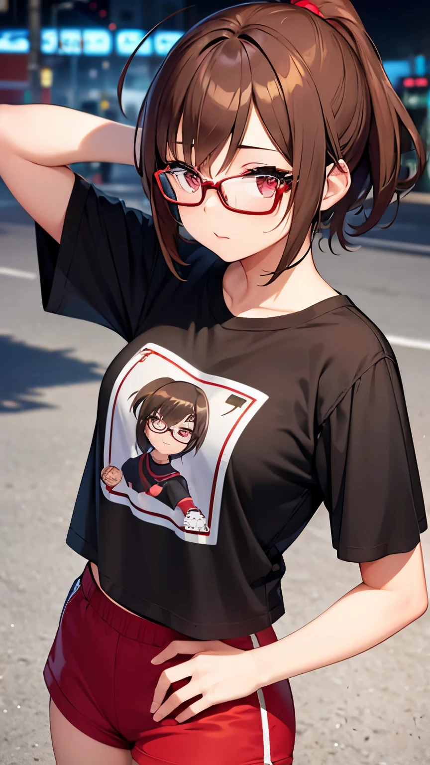 Girl, brown hair, ponytail short hair, red eyes, glasses, cute girl, light city, t-shirt, hotpants