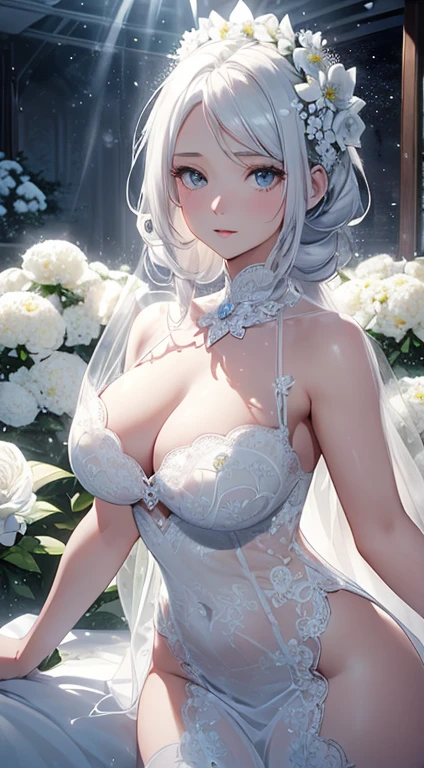 Paradise in Heaven, White lighting,(muste piece), (best quality), (cinematic), 8K, (art station),(長いwhite hairとSilvery eyesを持つ1人の女), (beautiful delicate face)、[Frozen trees々], [landscape crystal], [lighting], [Ethereal Atmosphere:1.1], [fantasy, short story] ,[soft なlighting] 、(+cinematic shot:1.2)、 [+art station] 、[+luminous white background] 、 [soft glow] 、(Creative and dynamic angles:1.3), [+Crystal Toning] 、muste piece, very detailed, Super detailed, solo, (pale skin), Silvery eyes, white hair, (snow background), (snowflake rosen flower:1.0), (shining crystal), (Snowy ground), (White lashes), ???? woman、dreamy and detailed, Gorgeous setting, 妖しい雰囲気 muste piece, The most beautiful scenes, majestic、(((full of white flowers)))、quiet and serene atmosphere、attractive, all white tones,Inside the crystal library,Transparent flowers and falling snow，Many white roses are planted,(water flowing,waterfall,water bloom),The decoration is also carefully done.,dream（very detailedです，creative design，crisp and precise lines，K HD，best quality，master piece，超High resolution，In 4K）、Diverse poses、((beautiful white flower hair ornament))、beautiful hairstyle、(best quality, In 4K, 8K, High resolution, muste piece:1.2), Super detailed, detailed expression, graceful posture, expressive brush strokes, mysterious atmosphere, artistic interpretation,Delicate floral jewelry， (((Detailed design、beautiful ?????????????????、Sheer ???? dresses)))、(SFW:1.5), (oversized ???????, best body proportions, proportions of ?????????????,:1.5),(white decoration on thigh)、((Beautiful crystal accessories on the legs))。((Beautiful crystal accessories on the arm))