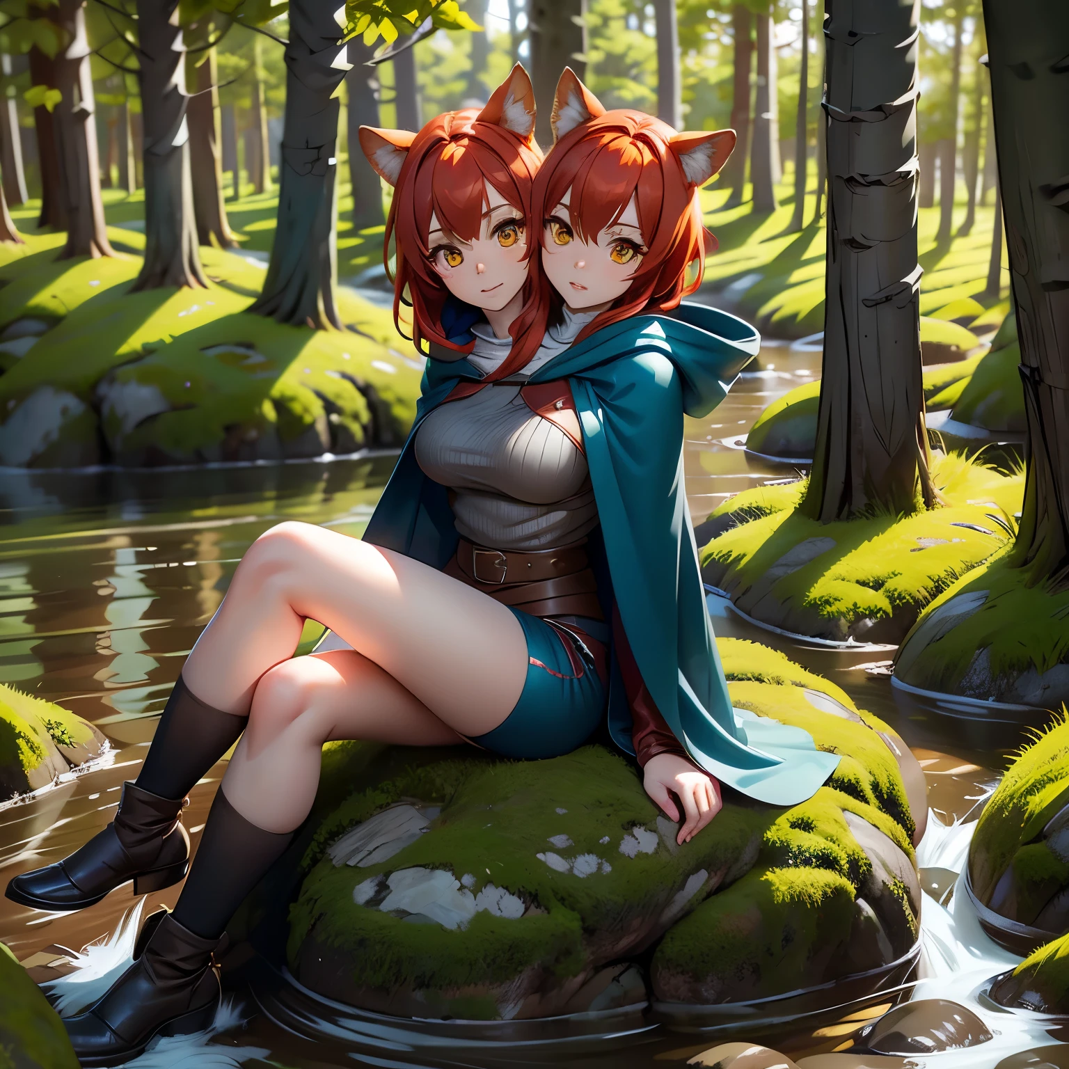 8k, best quality, (photorealistic:1.4), raw photo, 1girl, red hair, animal ears, blue hooded cape, ears sticking out, pose: sitting on a rock in a forest river, yellow eyes, (two heads)