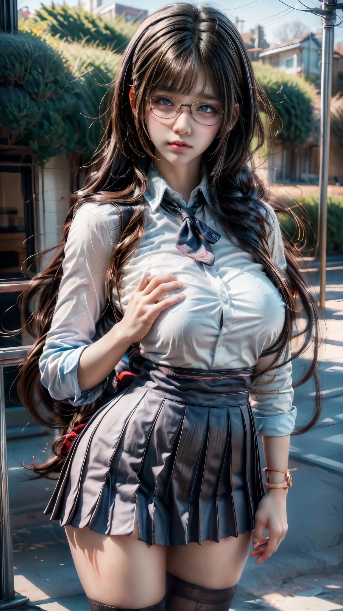 girl in a school uniform posing for a picture, hyperrealistic schoolgirl, a hyperrealistic schoolgirl, realistic schoolgirl, beautiful anime high school girl, attractive anime girl, realistic young anime girl, smooth anime cg art, detailed portrait of anime girl, photorealistic anime girl render, young anime girl, painted in anime painter studio, realistic anime artstyle