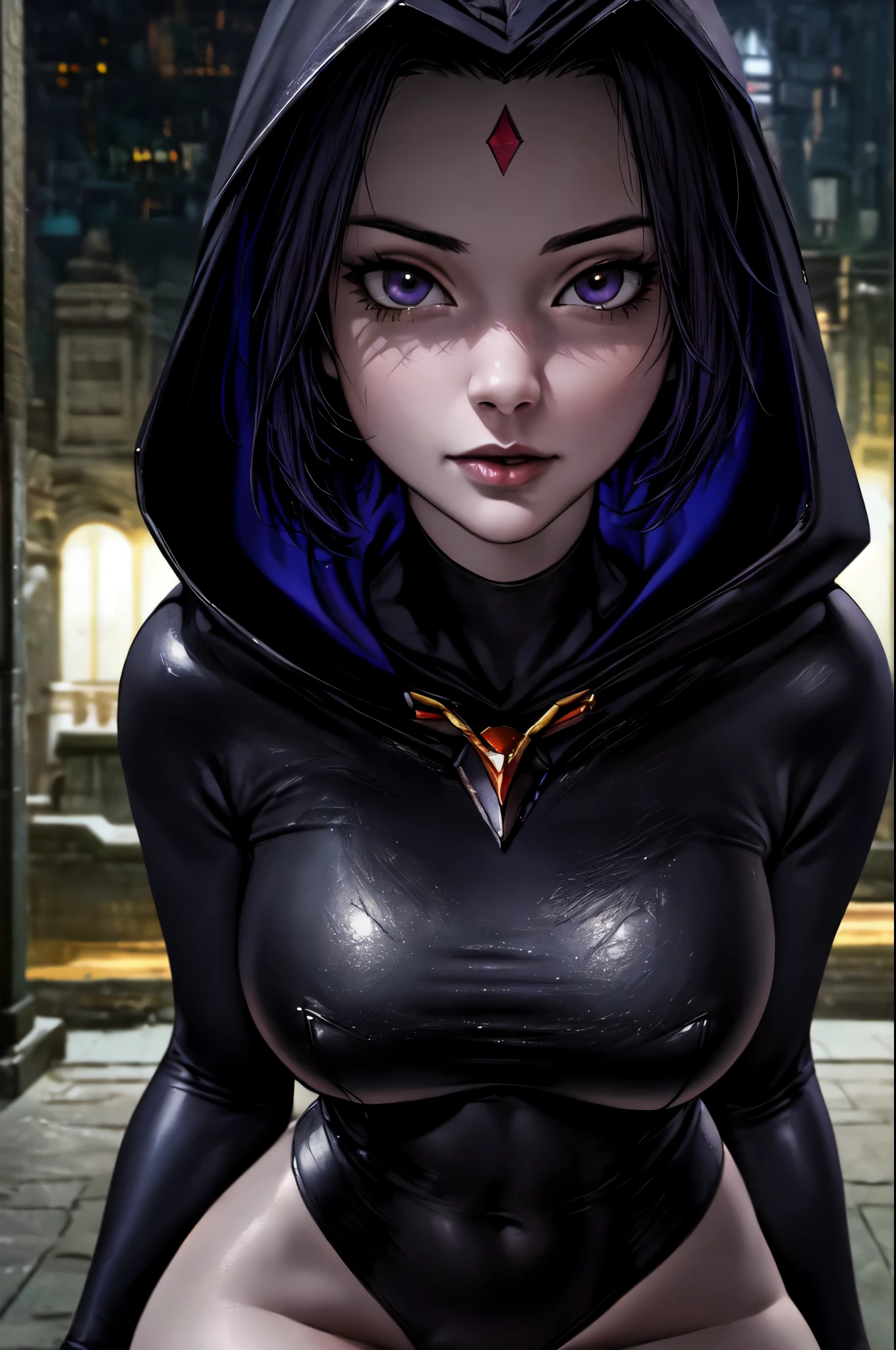 masterpiece, best quality, raven \(dc\), 1girl, superhero, black leotard, black hooded cloak, black leather pants, masterpiece, best quality, highest quality, cinematic lighting, (volumetric lighting), extremely detailed CG unity 8k wallpaper, focused, 8k wallpaper, 4k wallpaper, extremely detailed, ultra realistic, photorealistic, sharp focus, absurdres, (HDR:1.2), (high contrast), photograph, detailed and intricate, instagram, close-up portrait, vibrant, 4K HQ, sharp focus, (Ultra realistic [[photo]], detailed face:1.0), (detailed eyes:1.0), (realistic photo:1.1), (masterpiece:1.0), detailed background , dark city 