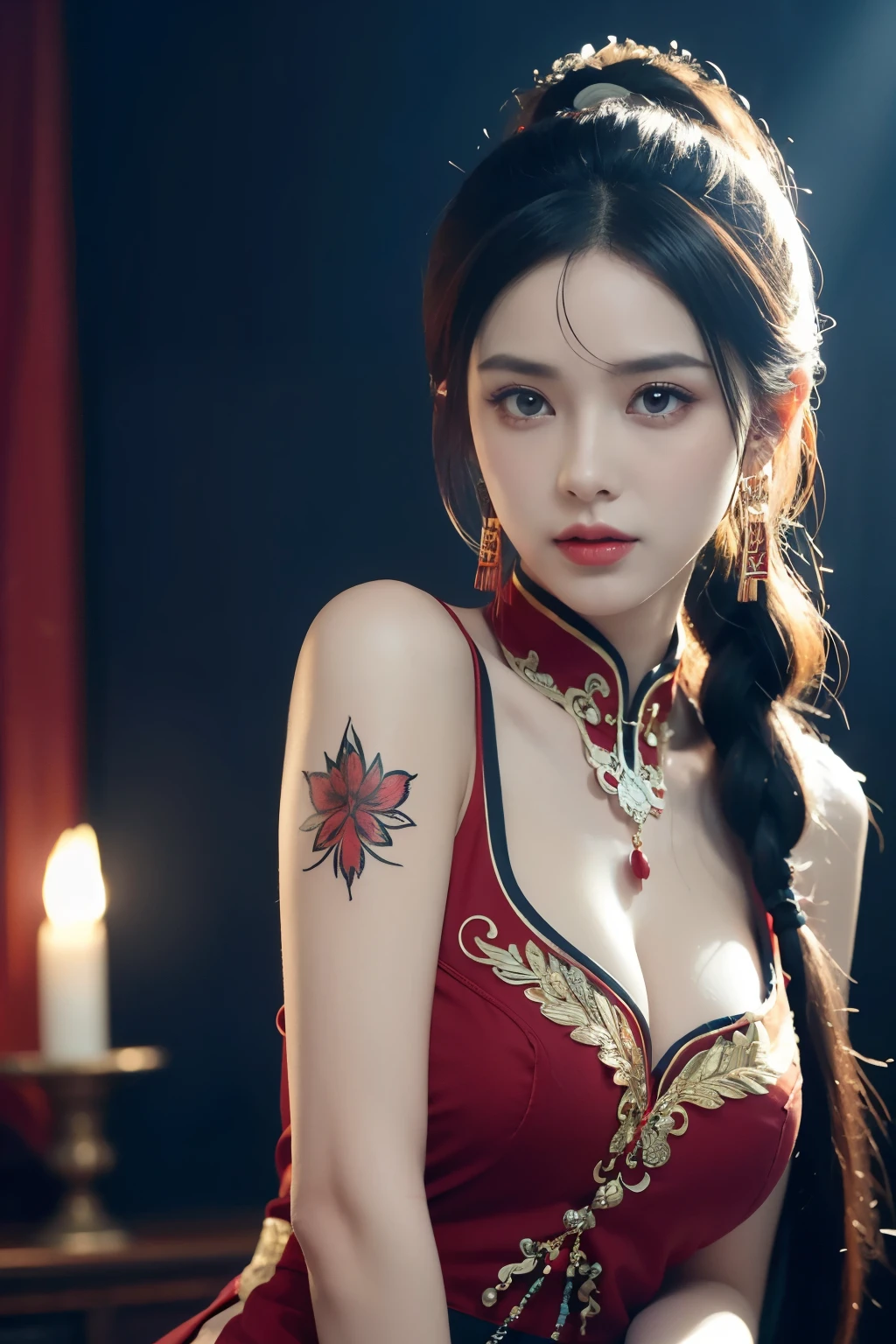 vibrant colors, female, masterpiece, sharp focus, best quality, depth of field, cinematic lighting, white hair, red eyes, braid, dress, long hair, red eyes, tattoo, earrings, jewelry, black dress, hair ornament, bangs, chinese clothes, breasts, china dress, sleeveless, 