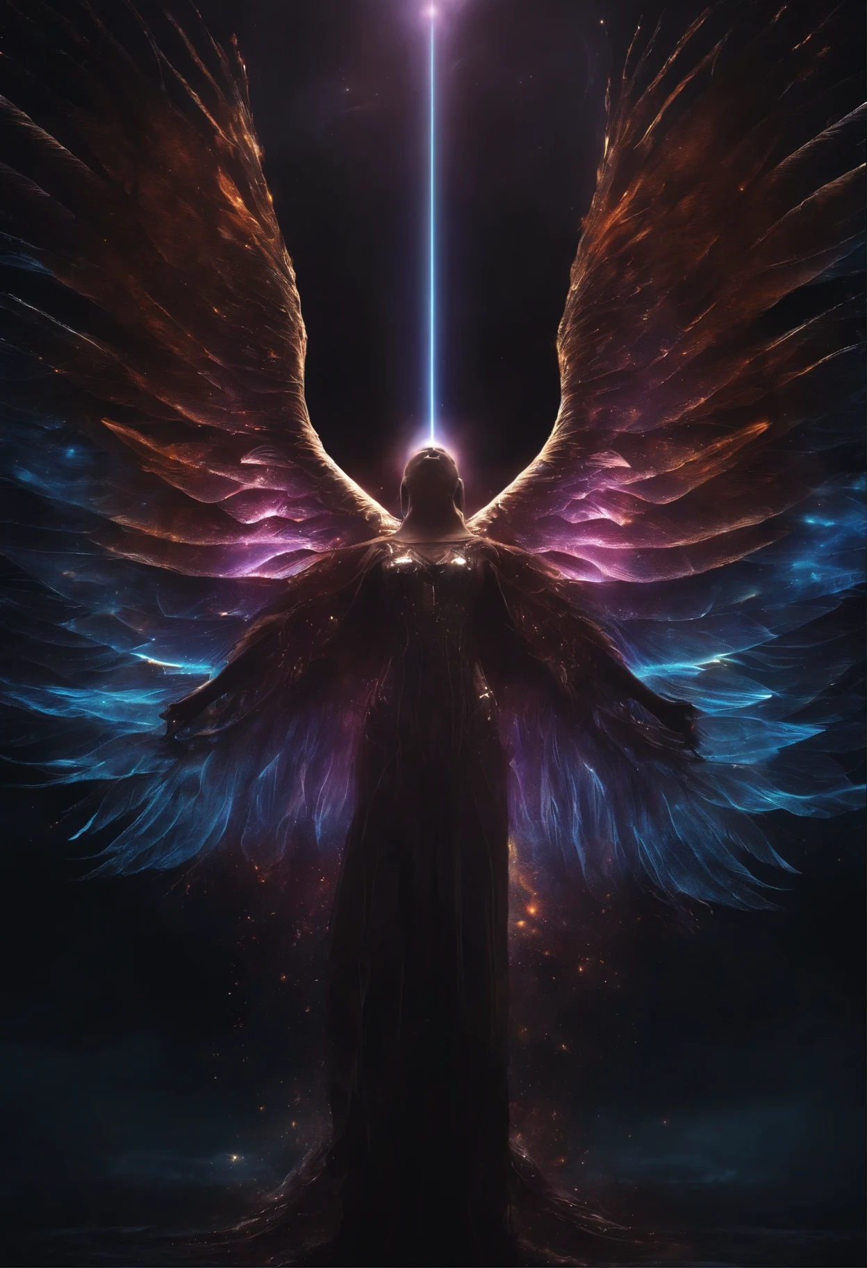cosmic fallen angel, shining eyes of light, biomechanical, Creepy, Spooky, nightmarish, very bright colors, particles of light, light shines, Musif, wallpaper art, UHD Wallpapers