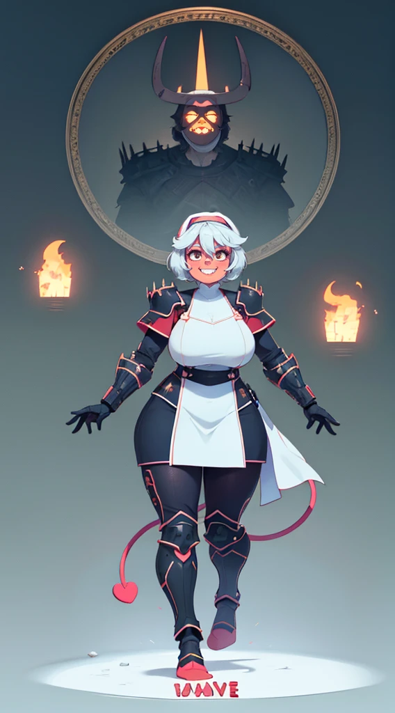 nun, demon girl, walking, , warpriesstes, silver hair, short hair, sacred gauntlets, long ski, cute smile, pure smile, love smile,,veillong skirt, pantyhose, staff holding, armor, gloves, standing, full body,sharpteeth,standing, full body, happy, joyfull, refsheet, red skinn, big nose,, drop shadow, anaglyph, stereogram, tachi-e, pov, atmospheric perspective, speed lines, vignetting, scanlines, motion lines, ray tracing, backlighting, reflection light, 8k, super detail, ccurate, best quality, best quality, high quality, super detail, anatomically correct, UHD, masterpiece, ccurate, textured skin, high details, award winning