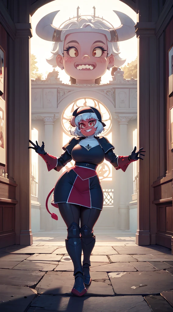 nun, demon girl, walking, , warpriesstes, silver hair, short hair, sacred gauntlets, long ski, cute smile, pure smile, love smile,,veillong skirt, pantyhose, staff holding, armor, gloves, standing, full body,sharpteeth,standing, full body, happy, joyfull, refsheet, red skinn, big nose,, drop shadow, anaglyph, stereogram, tachi-e, pov, atmospheric perspective, speed lines, vignetting, scanlines, motion lines, ray tracing, backlighting, reflection light, 8k, super detail, ccurate, best quality, best quality, high quality, super detail, anatomically correct, UHD, masterpiece, ccurate, textured skin, high details, award winning