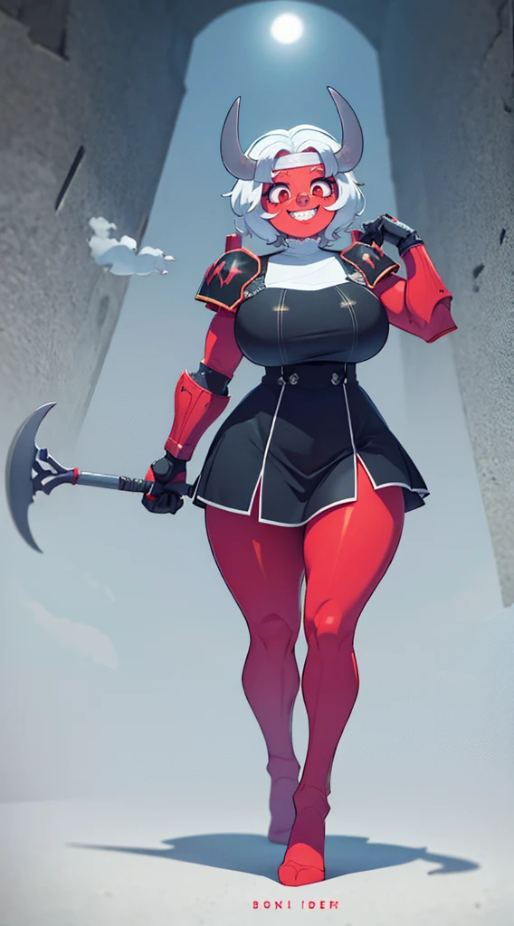 nun, demon girl, walking, , warpriesstes, silver hair, short hair, sacred gauntlets, long ski, cute smile, pure smile, love smile,,veillong skirt, pantyhose, staff holding, armor, gloves, standing, full body,sharpteeth,standing, full body, happy, joyfull, refsheet, red skinn, big nose,, drop shadow, anaglyph, stereogram, tachi-e, pov, atmospheric perspective, speed lines, vignetting, scanlines, motion lines, ray tracing, backlighting, reflection light, 8k, super detail, ccurate, best quality, best quality, high quality, super detail, anatomically correct, UHD, masterpiece, ccurate, textured skin, high details, award winning