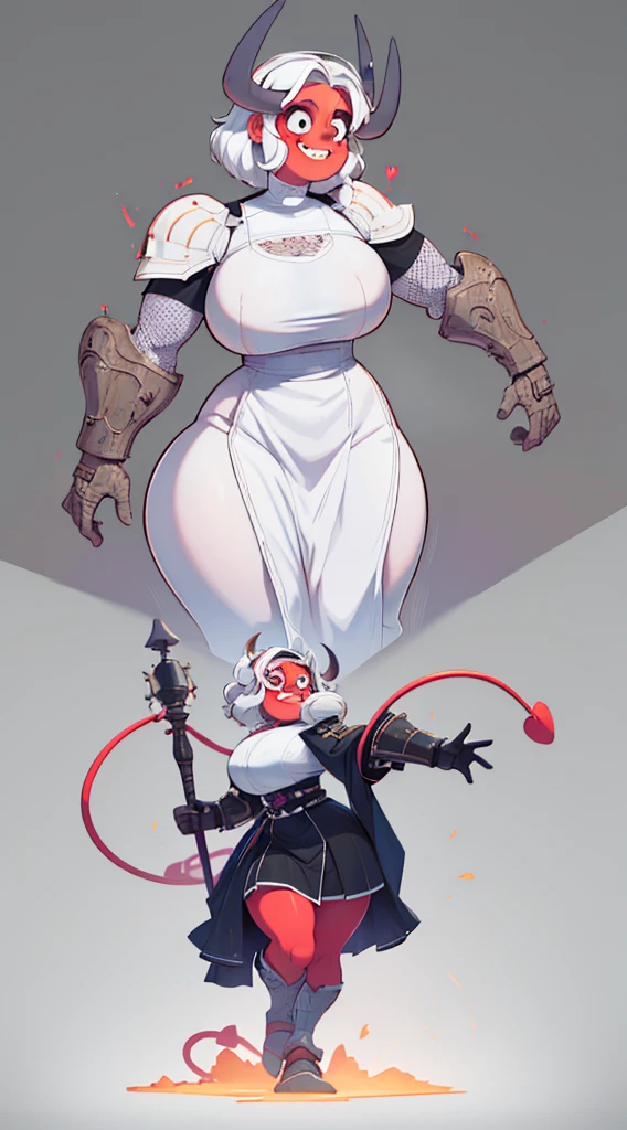 nun, demon girl, walking, , warpriesstes, silver hair, short hair, sacred gauntlets, long ski, cute smile, pure smile, love smile,,veillong skirt, pantyhose, staff holding, armor, gloves, standing, full body,sharpteeth,standing, full body, happy, joyfull, refsheet, red skinn, big nose,, drop shadow, anaglyph, stereogram, tachi-e, pov, atmospheric perspective, speed lines, vignetting, scanlines, motion lines, ray tracing, backlighting, reflection light, 8k, super detail, ccurate, best quality, best quality, high quality, super detail, anatomically correct, UHD, masterpiece, ccurate, textured skin, high details, award winning