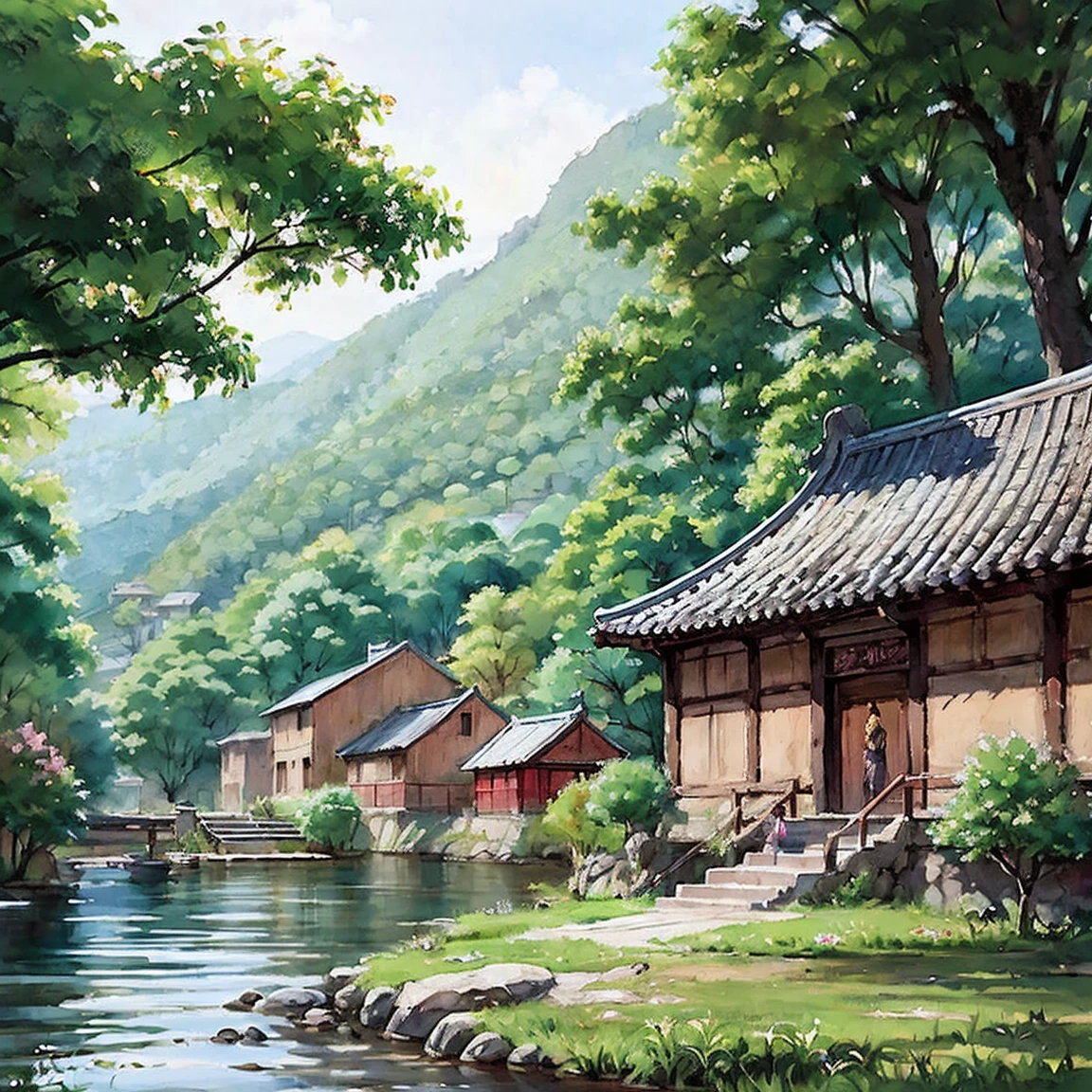 Stechu, an ancient chinese painting, background of China, Mountain, river, Xiangyun, exhibition hall, Sunlight, masterpiece, Super details, epic work, ultra high definition, high quality, Very detailed, official art, unified 8k wallpaper, Super details, 32k -- v 6，（White background: 1.4), ((vertical painting)), The original, (illustration: 1.1), (best quality), (masterpiece: 1.1), (极其细致的CGunified 8k wallpaper: 1.1), (rich and colorful: 0.9), (panoramicshooting: 1.4), (alone: 1.2), (Ink splashing), (color splash), ((watercolor)), Clear and sharp focus, ((Korean style)), floral background, colored water