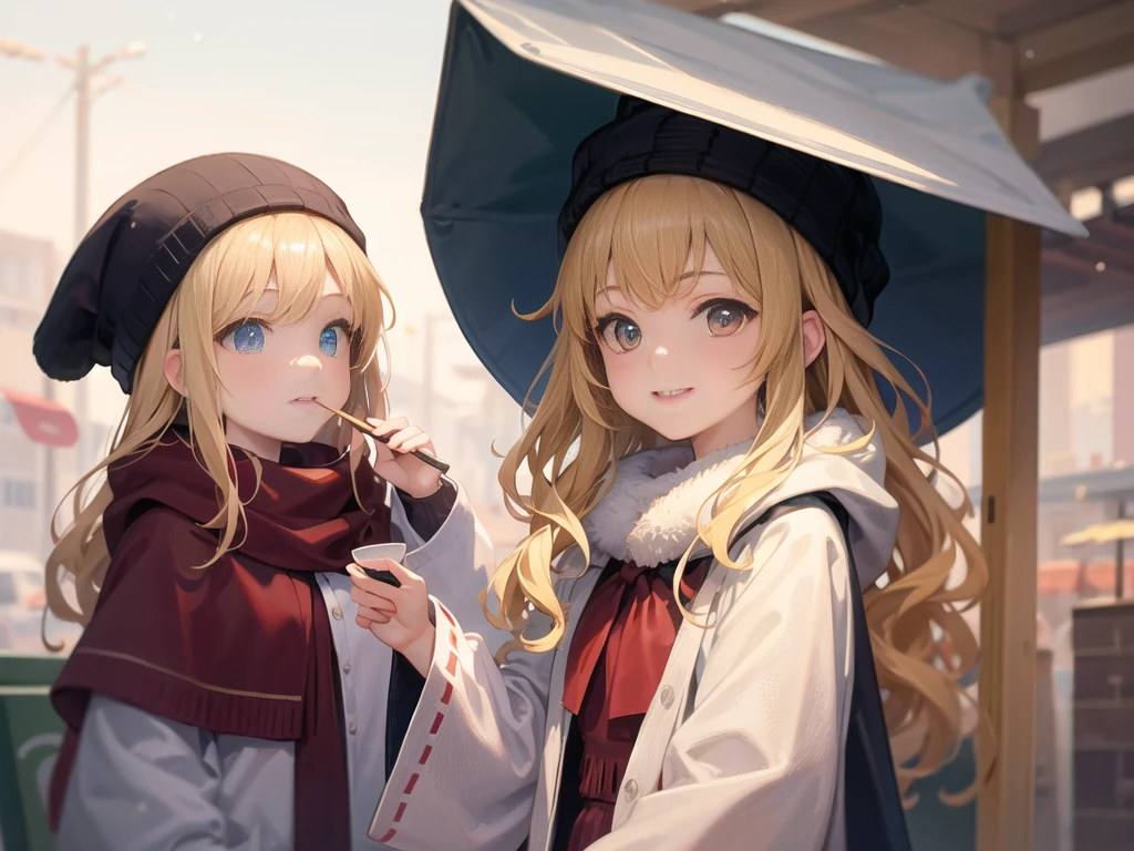 photo realistic, photo realistic, photo realistic, (masterpiece,best quality:1.4),(8k,raw photo,photo realistic:1.2),Not Safe for Work, detailed skin,detailed face,1girl,Japanese idol,cute face,Eating ramen、delicious、stall、1 girl、cute、blonde、wavy hair、long hair、medium bob、Knitted hats、ribbon、white breath、face close up、はにかんだsmile、Winter clothes、Warm clothes、smile、１４age、little girl、white breath、Breathe on your hands、white muffler、Idol、cape、robe、It&#39;s snowing、