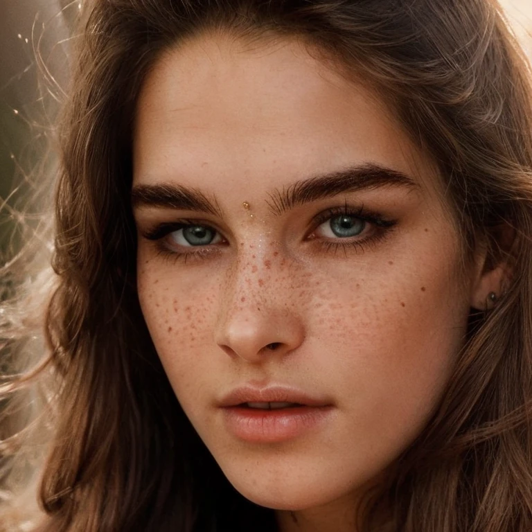 (best quality,ultra-detailed,realistic:1.37),portrait,beautiful detailed eyes,beautiful detailed lips,long eyelashes,gorgeous young woman,((18 years old:1)),icy blue eyes,brown straight hair,bronze skin,tanned skin tone,confident expression,iconic beauty,celebrity like, wrinkles:1, freckles, (krs), sks woman, brooke shields, looks like the actor william zabka:1.2