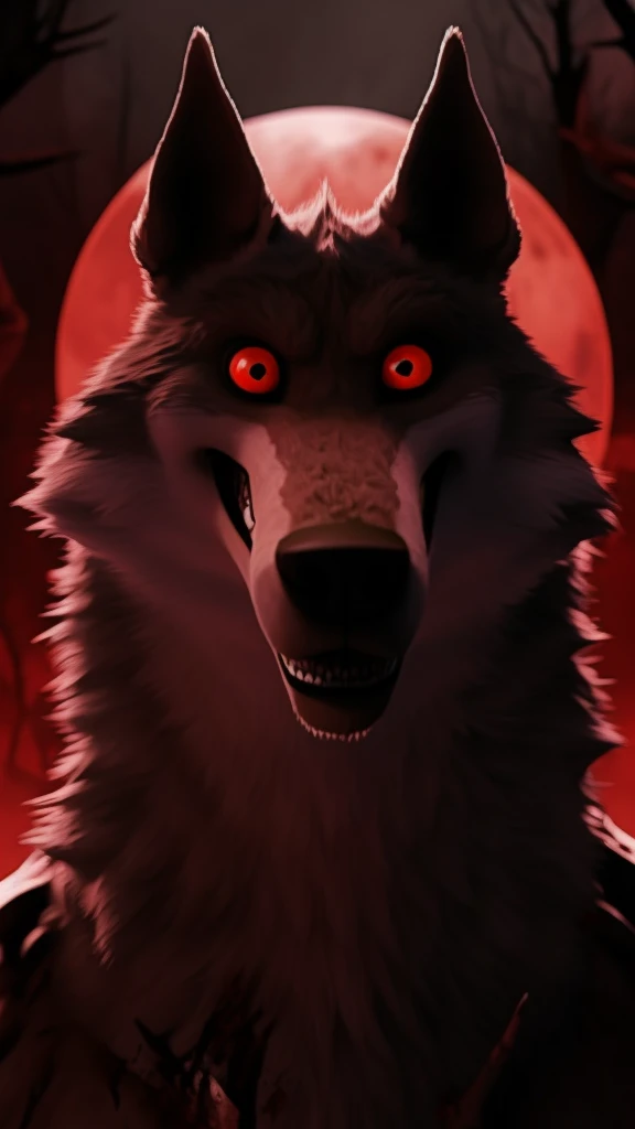 Detailed and dark at the same time portrait of a wolf possessed by great hatred red eyes covered in blood and a red moon in the background and a weird forest distorted smile looking at the viewer serious expression black wings digital art