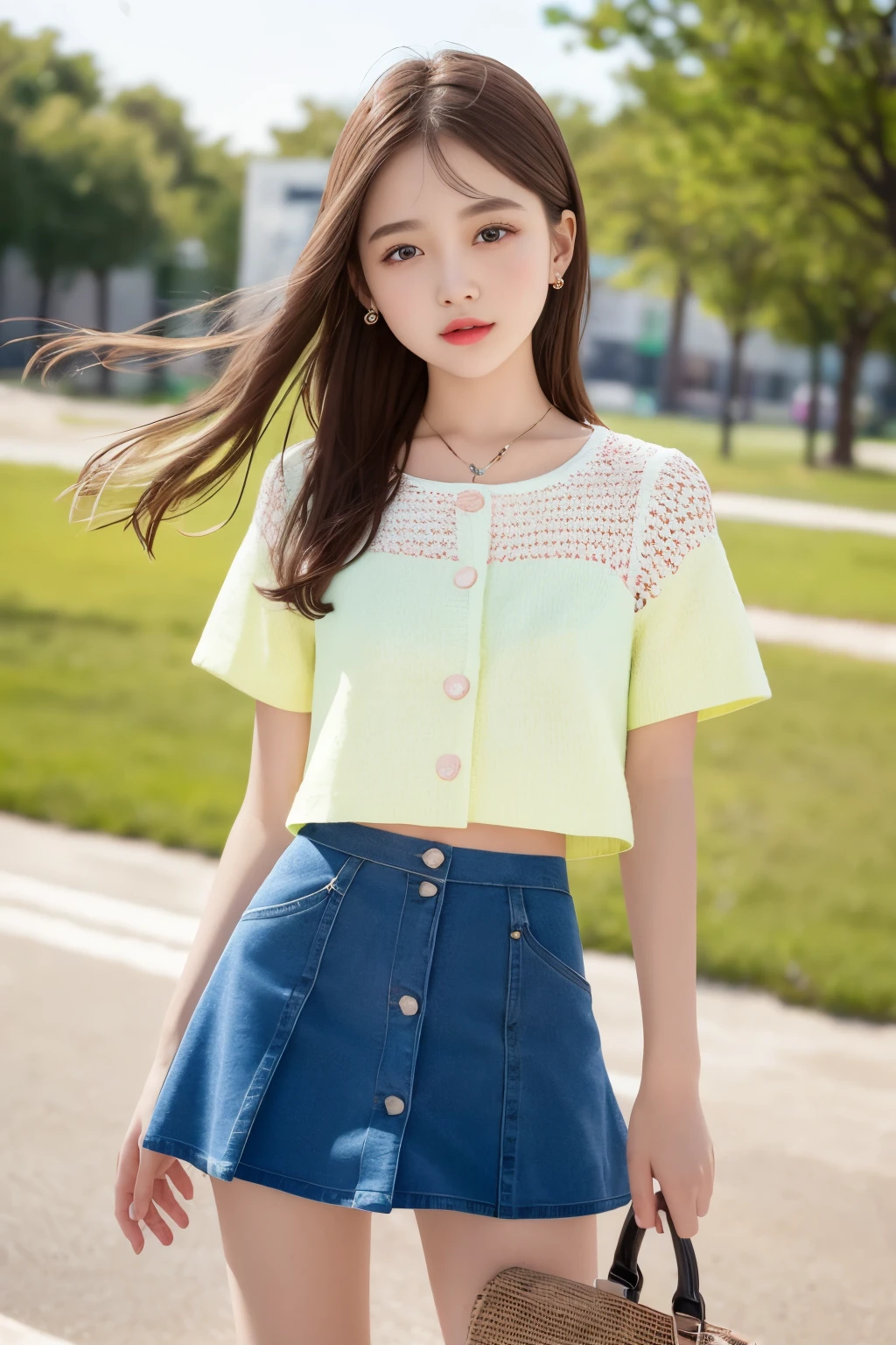 1 girl、bright spring clothes、mini skirt、(muste piece: 1.1),  (best quality: 1.1)、(highly detailed skin), (best quality:1.0), (ultra high resolution:1.0) ,(realistic photo:1.0), (Super detailed:1.0), (8K, Raw photo:1.1),