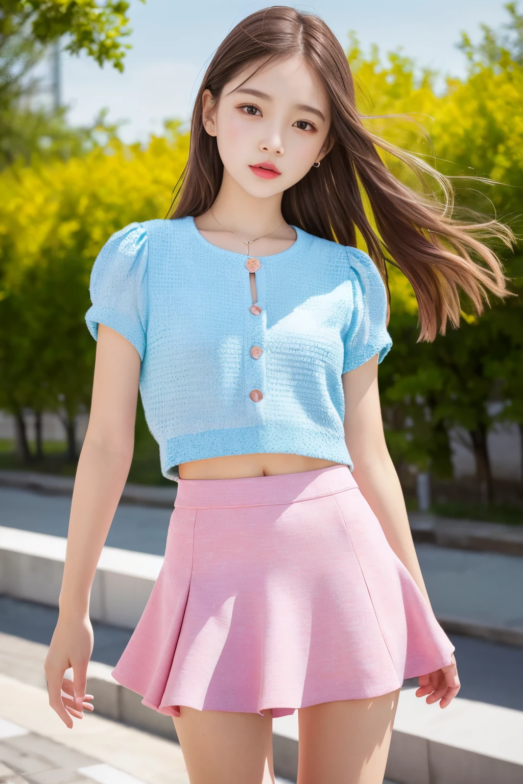 1 girl、bright spring clothes、mini skirt、(muste piece: 1.1), (best quality: 1.1)、(highly detailed skin), (best quality:1.0), (ultra high resolution:1.0) ,(realistic photo:1.0), (Super detailed:1.0), (8K, Raw photo:1.1),