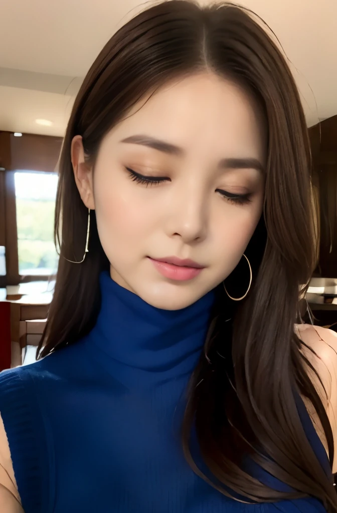 (((Violet Sleeveless Turtleneck Knitted Dress:1.2)))、(innocent and elegant girl)、(cowboy shot:1.2)、(focus on face and chest)、big breasts、(Luxury hotels:1.2)、From above、(straight hairstyle、brown hair、medium long hair)、Highly detailed face and skin texture、detailed eye、double eyelid、pale cheeks、 small shiny necklace and earrings、glossy lips:1.4、pure white skin:1.2、((big breasts:1.2))、((Close your eyes and ask for a kiss:1.2))