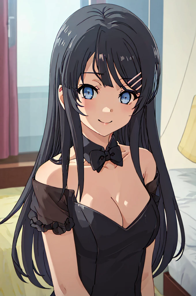 highest quality、muste piece、High resolution、solo、{sakurajima_touko_Kiyoharu Butarou:1.15}、long_hair、Black_hair、hair_ornament separation、Barrette、smile、light blue bra with frills、Light blue T-back、sexy pose、shy、Medium chest、full body standing、While looking at the BREAK viewer、 BREAK indoor、Bedroom、 BREAK(muste piece:1.2)、highest quality、High resolution、Unity 8K Wallpaper、 (An illustration:0.8)、(beautiful eyes:1.6)、extra thin face、