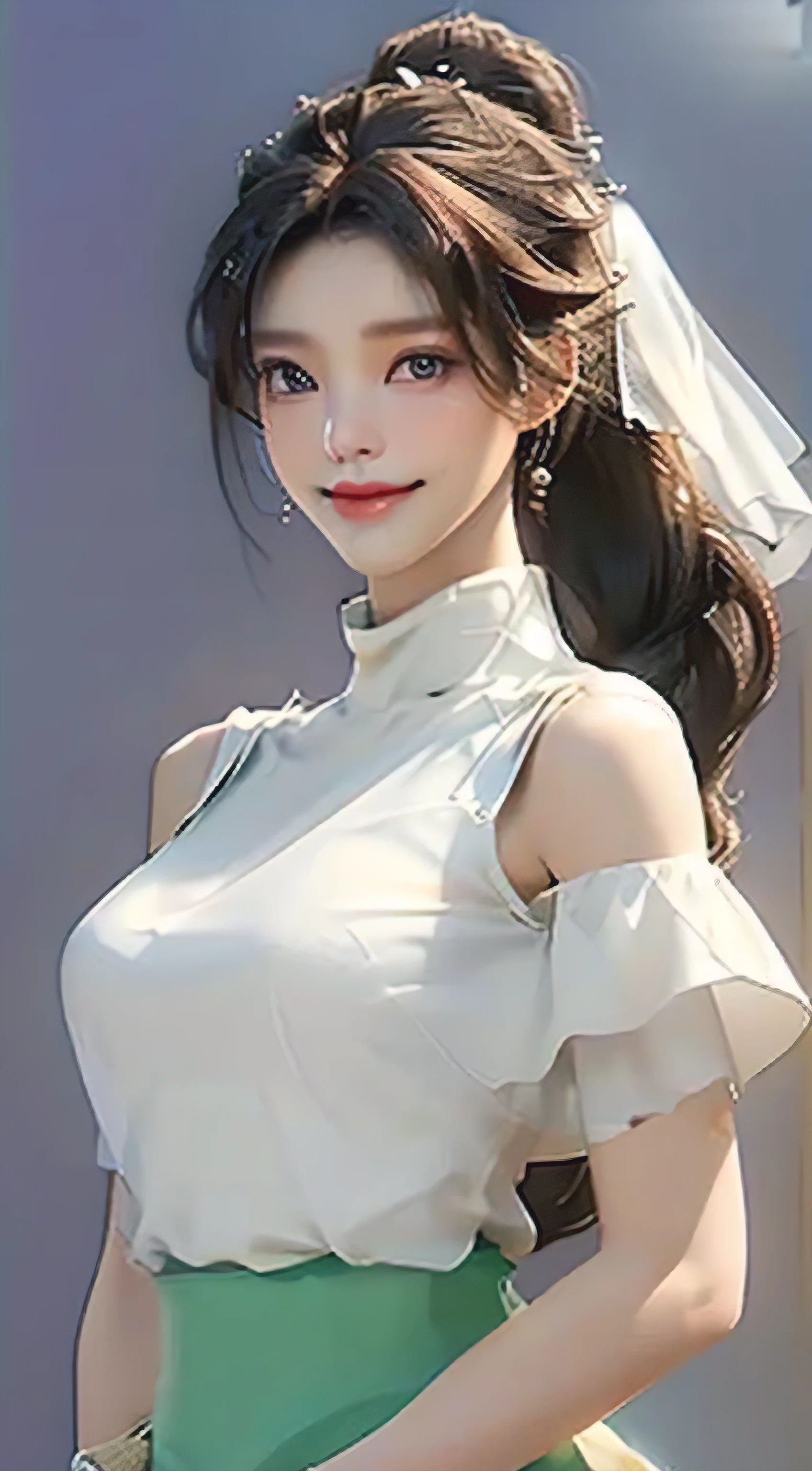 8k, best quality, masterpiece, ultra high resolution, 1 girl, Beautiful Eyes and Face Details, masterpiece, best quality, Upper body, masterpiece, Excellent details, High quality details, Absolutely breathtaking beauty, clavicle, elongated neck, long eyelashes, Sweet-eyed lying silkworm, Dynamic angle problem Extreme image quality, charming smile, glossy lips, skin is hydrated, White translucent, Rich details, bright colors, strong contrast, Soft light effects, clear outline, streamline, charming smile, Bright Eyes, perfect body proportions, thin waist, (Wearing a turtleneck tulle skirt, (Shoulder: 1.3, clavicle, big breasts, Split)),