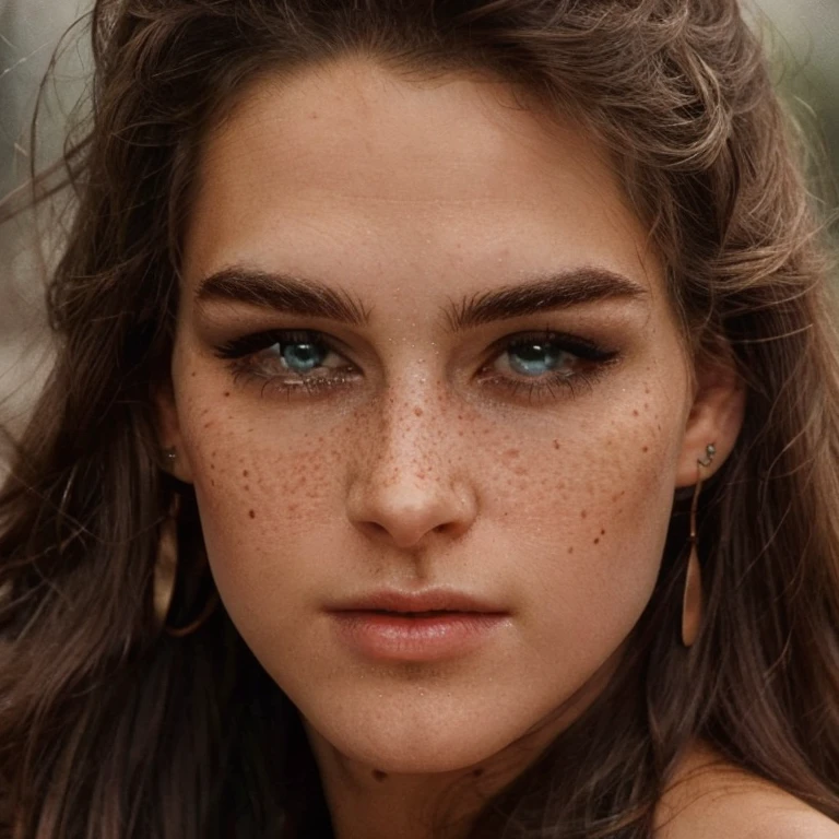 (best quality,ultra-detailed,realistic:1.37),portrait,beautiful detailed eyes,beautiful detailed lips,long eyelashes,gorgeous young woman,((18 years old:1)),icy blue eyes,brown straight hair,bronze skin,tanned skin tone,confident expression,iconic beauty,celebrity like, wrinkles:1, freckles, (krs), sks woman, brooke shields, looks like the actor william zabka:1.2