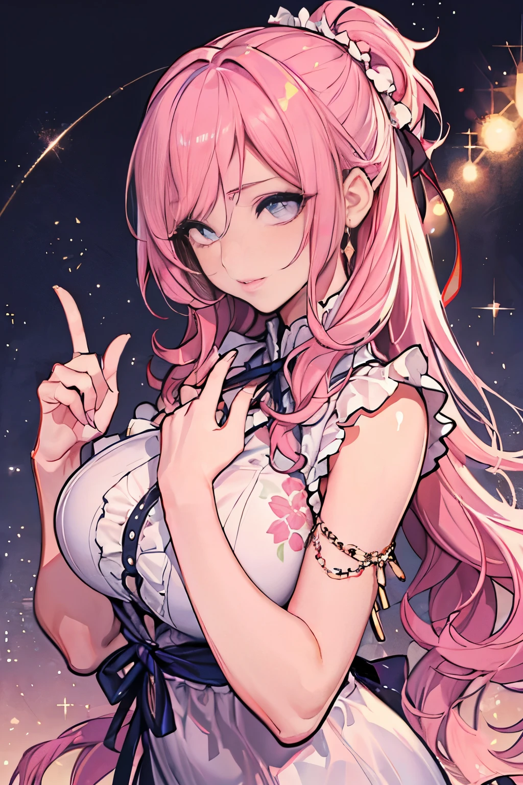 1 person、Mature、Ample breasts、Long Hair、Nipples、Areola、naked、Embarrassing、Take off your clothes、Nipplesを見せる、Dark Area、Pink Hair、Light blue eyes、Jewelry decoration、necklace、bracelet、Dark Area屋、sit、Looking up、High resolution、Highest quality