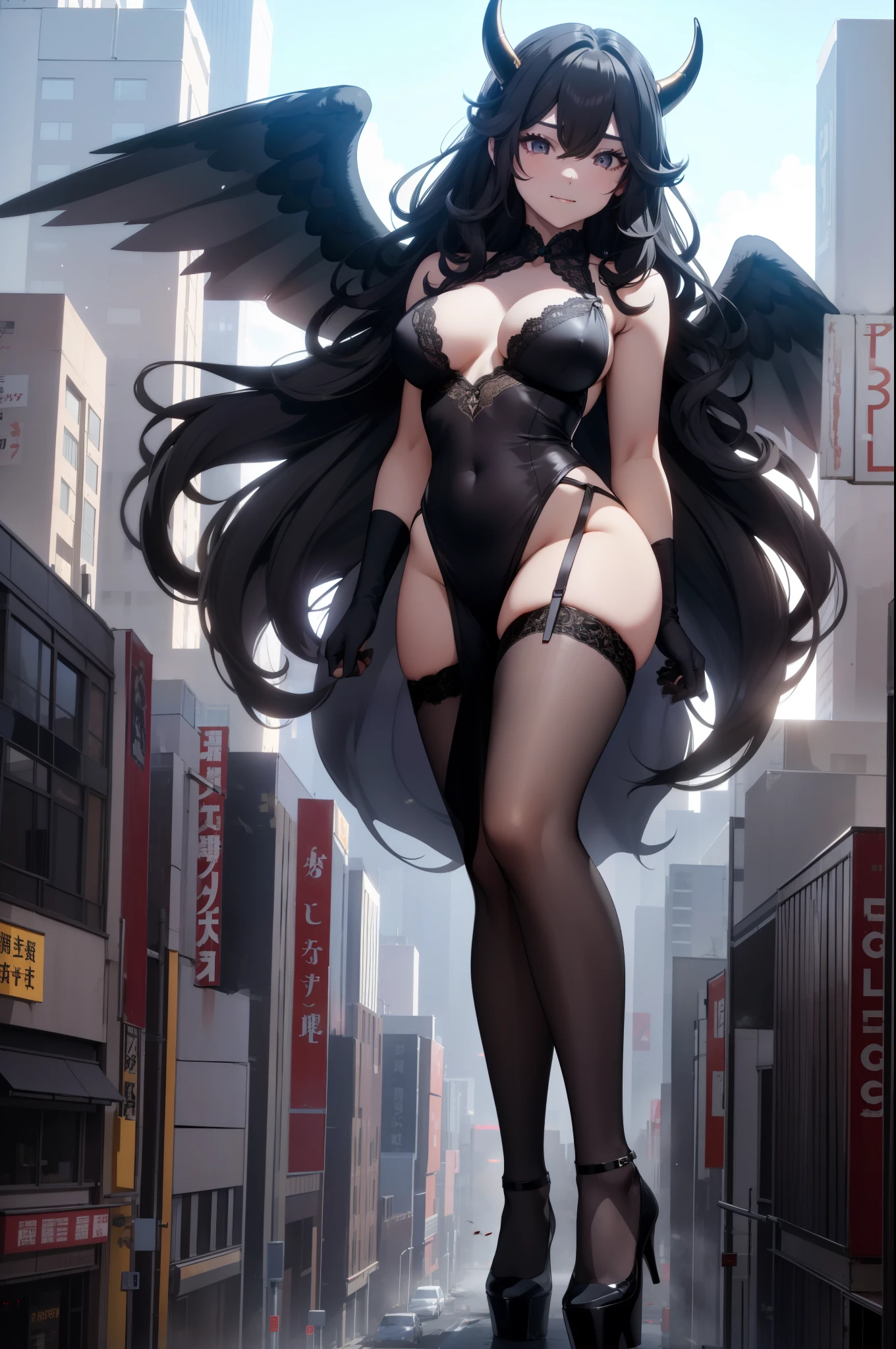 Aerial View，giant girl 50,000 feet high，Weight 1000kg，Have a pair of long legs，Has a pair of huge black angel wings，With huge devil horns on his head，Has waist-length black hair，loose hair，Big black wavy curls，Wearing a pair of black Mary Jane high heels，Black lace gloves，Black lace pantyhose，黑色蕾丝whole body，Standing upright on a small city，Beautiful appearance，Exquisite makeup，quality，8k，高quality，Perfect proportion, Cinema lighting，film grain，Fuji colors，8k，textured skin，Super details，high detail，high resolution，fake smile，blood stains，脚底有blood stains，whole body，Obese，feather