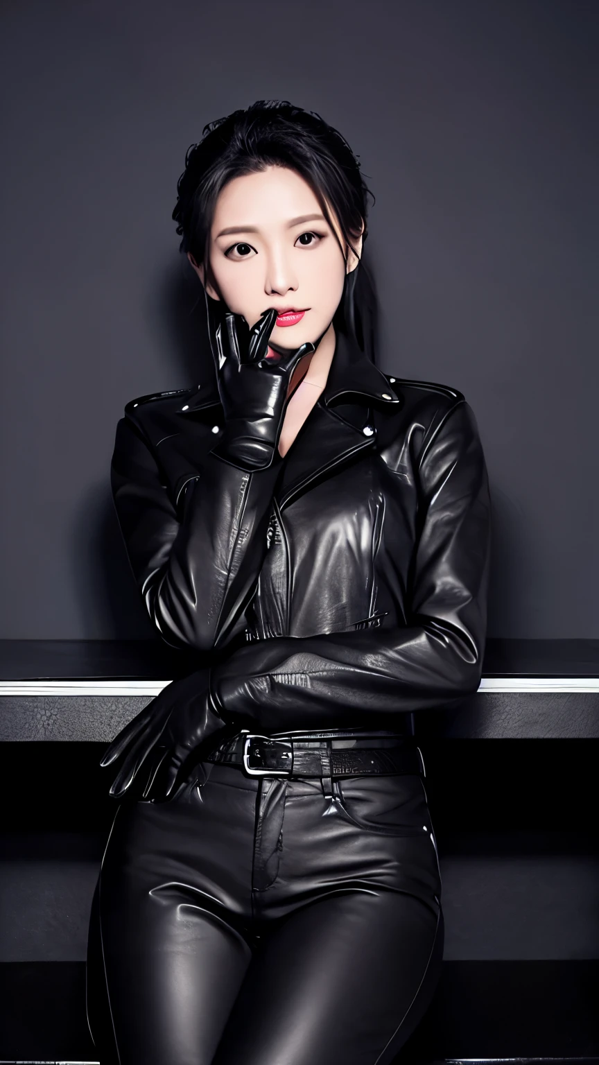 Black leather riders jacket, Office in the Dark, Black leather glove fingertips on both hands,Wearing black leather gloves,Sitting in a black leather chair、 Japan Female New Employees (Black leather gloves cover both hands) (The angle is sideways)、Black Leather Leather Pants,Black Leather Black Leather Pants,Black Leather Skinny Pants、Long black leather boots on both feet、Black Hair Ponytail ((He wears black leather gloves on his hands))full body photo,Full Body Shot Full Body Full Body Leather Suit,☺If you turn in this direction。Wearing black leather gloves,Wearing black leather gloves,Wearing black leather gloves,Wearing black leather gloves,Wearing black leather gloves,Wearing black leather gloves,黒のレザーパンツが美しい😍黒のレザーパンツが美しい😍黒のレザーパンツが美しい,😍I'm smiling while looking at you,full body photo,full body photo,Full body leather wear