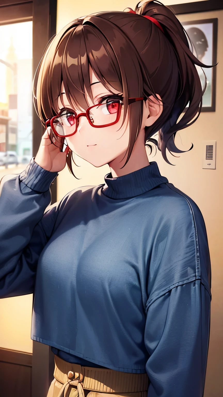 Girl, brown hair, ponytail short hair, red eyes, glasses, cute girl, light city, sweater, short denim 
