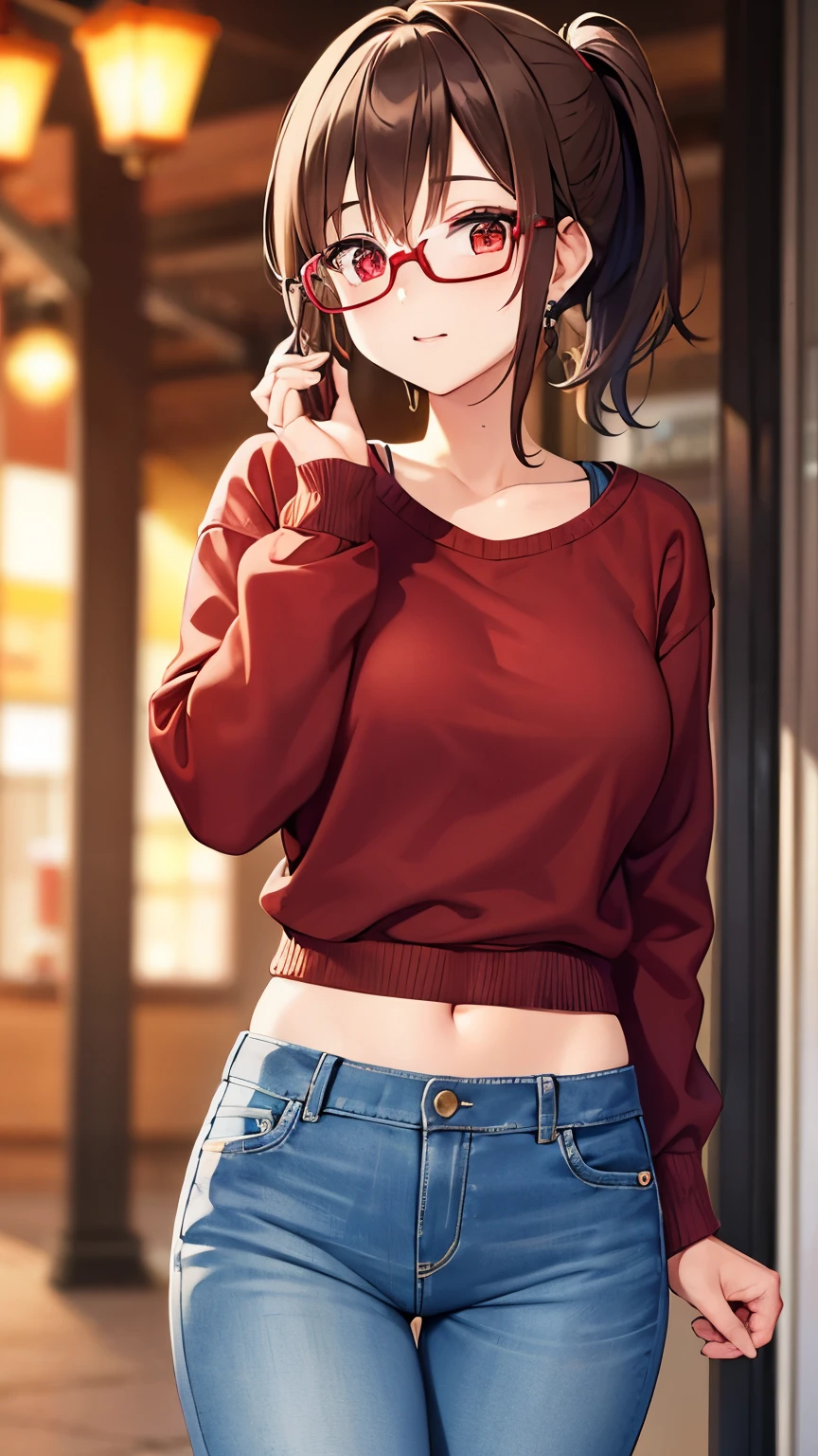 Girl, brown hair, ponytail short hair, red eyes, glasses, cute girl, light city, sweater, short denim