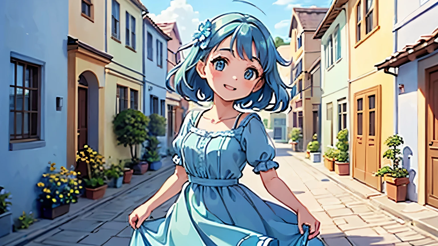 Image of Aurora, the young and beautiful girl, wearing a blue dress and smiling in the midst of a colorful village with cheerful houses and flower-filled gardens.