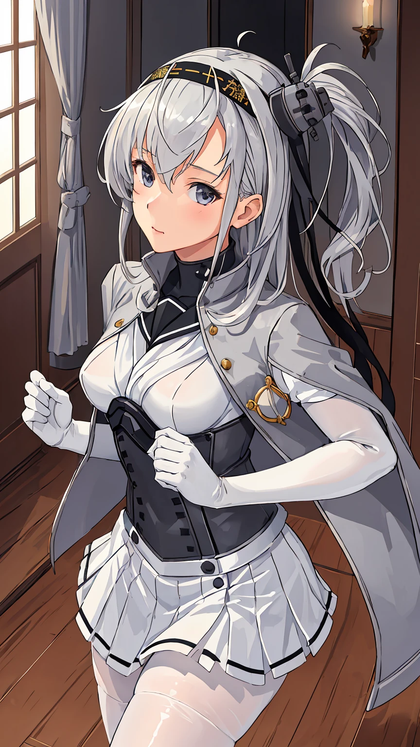 (masterpiece), (best quality), (ultra-detailed), photorealistic, (best illustration), (an extremely delicate and beautiful), 1girl, solo,(KanColle Suzutsuki) somewhat narrow eyes  ponytail  silver hair Very Fine Eyes Very Fine Face、Insanely detailed body、Extremely fine skin, very elaborate hair ornament, Precisely shaped body and hands White clothes Black corset Gray jacket White tights White innerwear white skirt (Littleskinexposure)  A hallway in a house