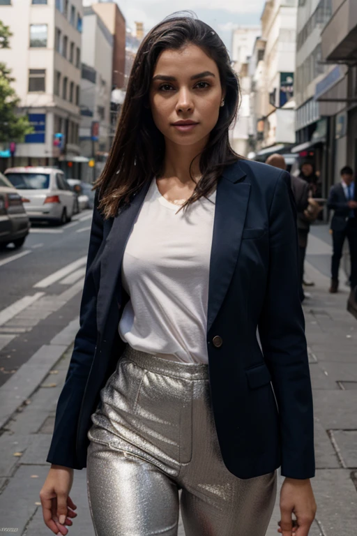 (8k, RAW photo, best quality, masterpiece: 1.2), (realistic, photorealistic: 1.37), 1 woman in suit standing on the sidewalk, cityscape, day, sunny morning, professional lighting, photon mapping, radiosity, Brazilian woman, torn, shirt, woman in suit, silk suit