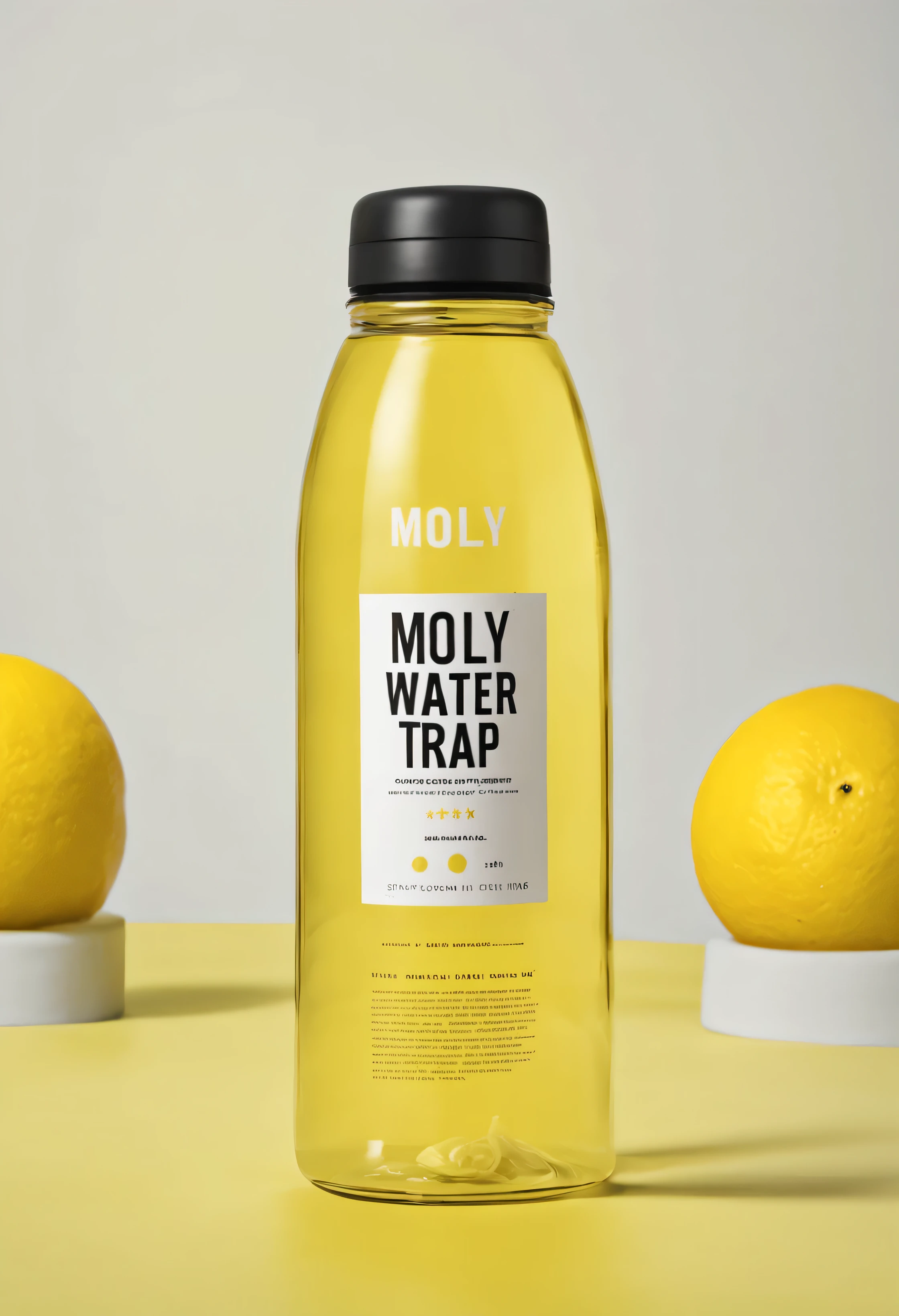 TRANSPARENT WATER BOTTLE WITH YELLOW LIQUID AND WRITTEN LABEL "MOLLY WATER(grande) - Dellwen, Tutu e Sanrique (prqueno e embaixo ", cenario de home studio trap e alguns cigarros e comprimidos na mesa do computador, sombrio, cyber phunk