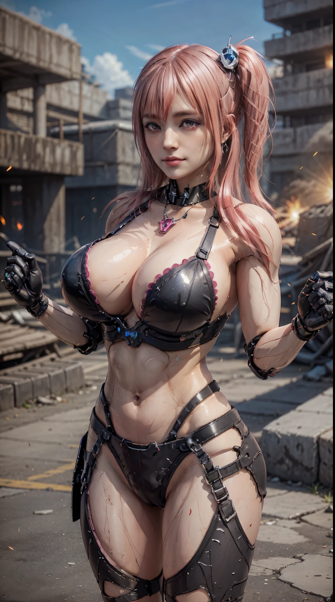 a preschool girl, curls, (maximum), only, 肌肉abdominal muscles, jealous, looking at the audience, (pink hair,medium long hair), (NSFW wet bra), (), Wet tight black yoga pants, sports shoes, photographer, realistically, best quality,big chest, necklace, earrings, staff, Detailed faces, standing in ruins, (stable diffusion), Radial lighting, depth of field, background bokeh,low cut,abdominal muscles, Huge breasts, Smile,explode,blood,the fire,war,Mechanical limbs,Mecha,Combat armor,Robotic arm, rocket, knife,airplane, missiles.,future world,battlefield, battlefield