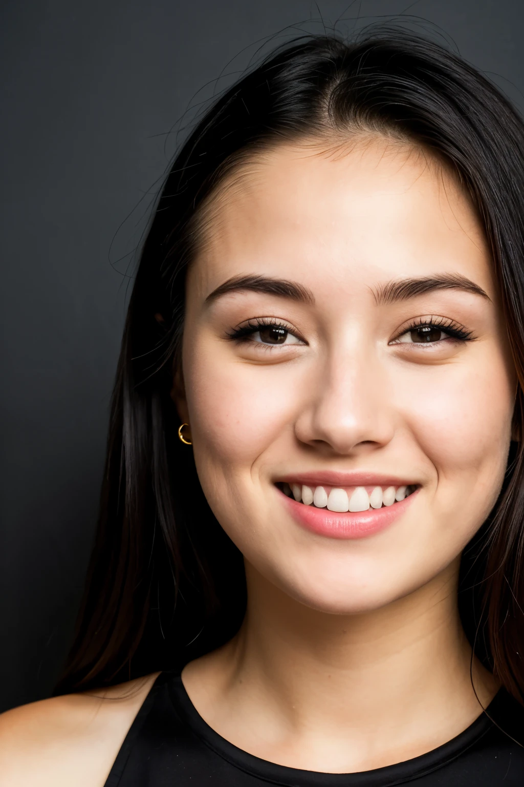 original photo, 26 year old beautiful face portrait photo.Oh,woman, cute face, wearing black dress, smiley face, hard shadow, lens, dramatic lighting