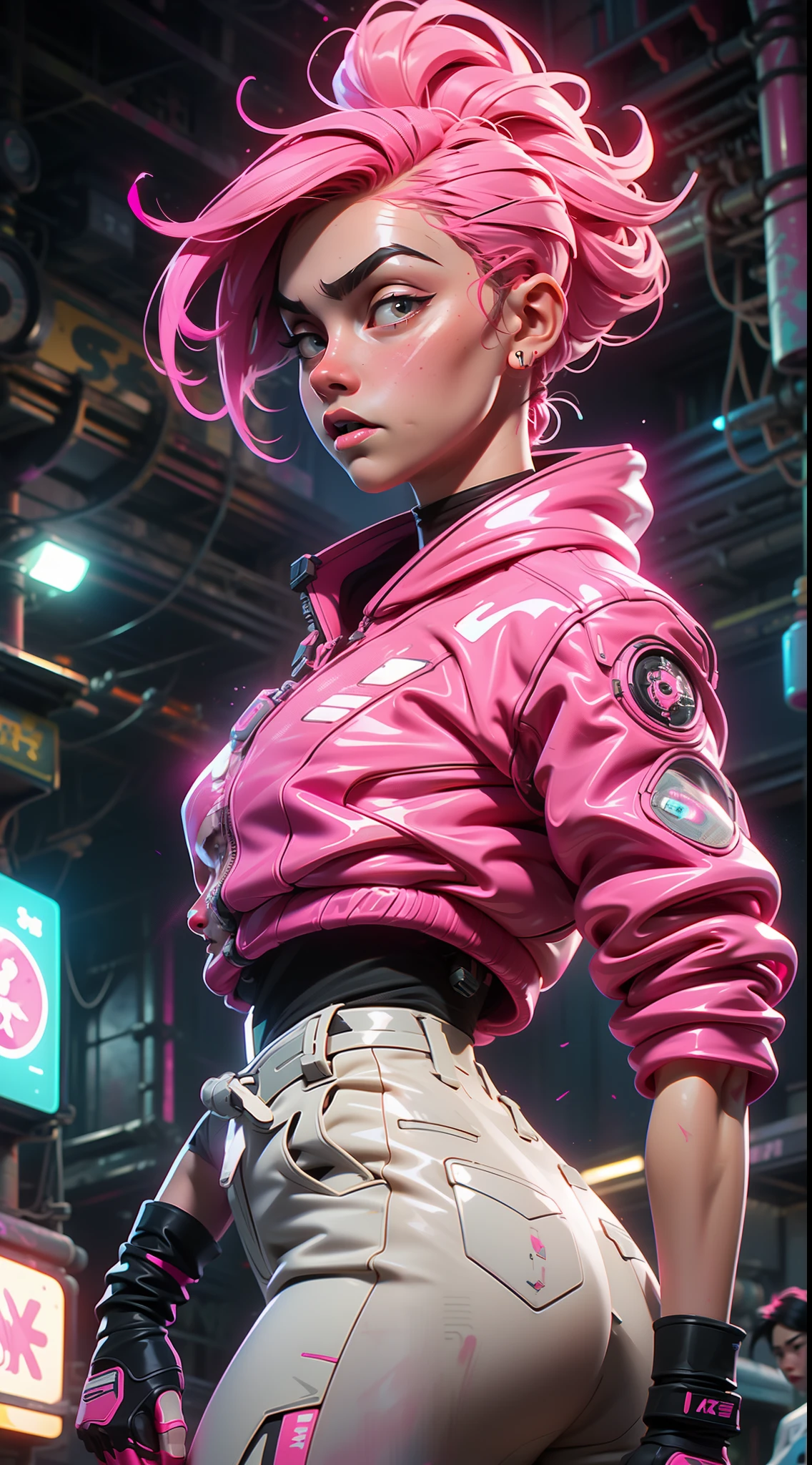 (best quality, masterpiece) scifi, futuristic, raw photo, 1girl with sexy laces clothes, (pink glossy hair) angry look, ultrasharp, (outline contourn) luminous paint, ultrasharp, particles, flares, neon Tokyo street background, many details in an amazing composition
