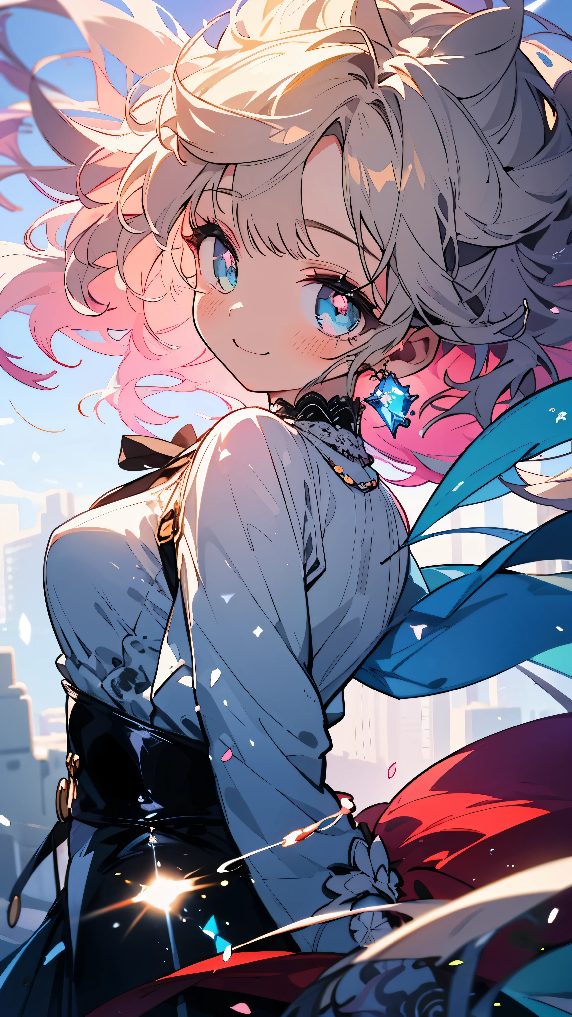 master masterpiece, 4K, very detailed, anime style, HDR, scattered below the surface, cinematic light, (beautiful and detailed eyes:1.6), very detailed顔, 1 female,delicate makeup,curly long hair, I have very short bangs,windy day,platinum blonde, Long sleeve blouse with ruffles,Swirling pupils,Mature smile,clear focus,bright colors,Sparkling glitter