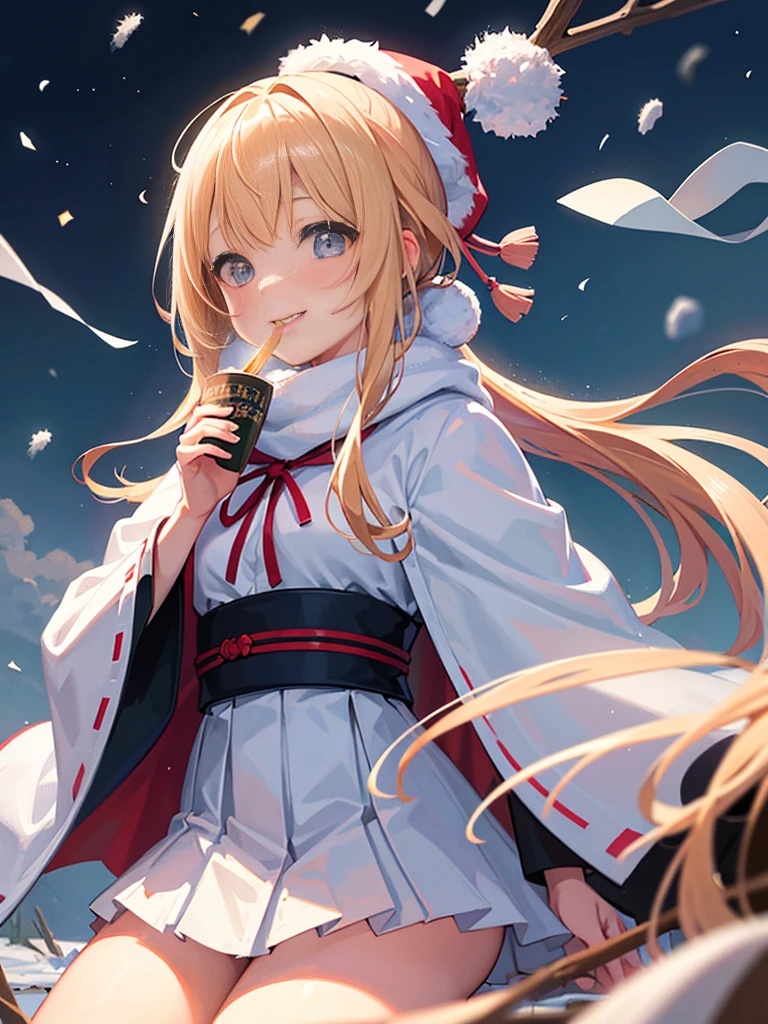photo realistic, photo realistic, photo realistic, (masterpiece,best quality:1.4),(8k,raw photo,photo realistic:1.2),Not Safe for Work, detailed skin,detailed face,1girl,Japanese idol,cute face,Girl Eating Ramen、delicious、stall、1 girl、cute、blonde、wavy hair、long hair、medium bob、Knitted hats、ribbon、white breath、face close up、はにかんだsmile、Winter clothes、Warm clothes、smile、14age、little girl、white breath、Breathe on your hands、white muffler、Idol、cape、robe、It's snowing、Exhaled breath is white、steam、Piping hot ramen in a large bowl、