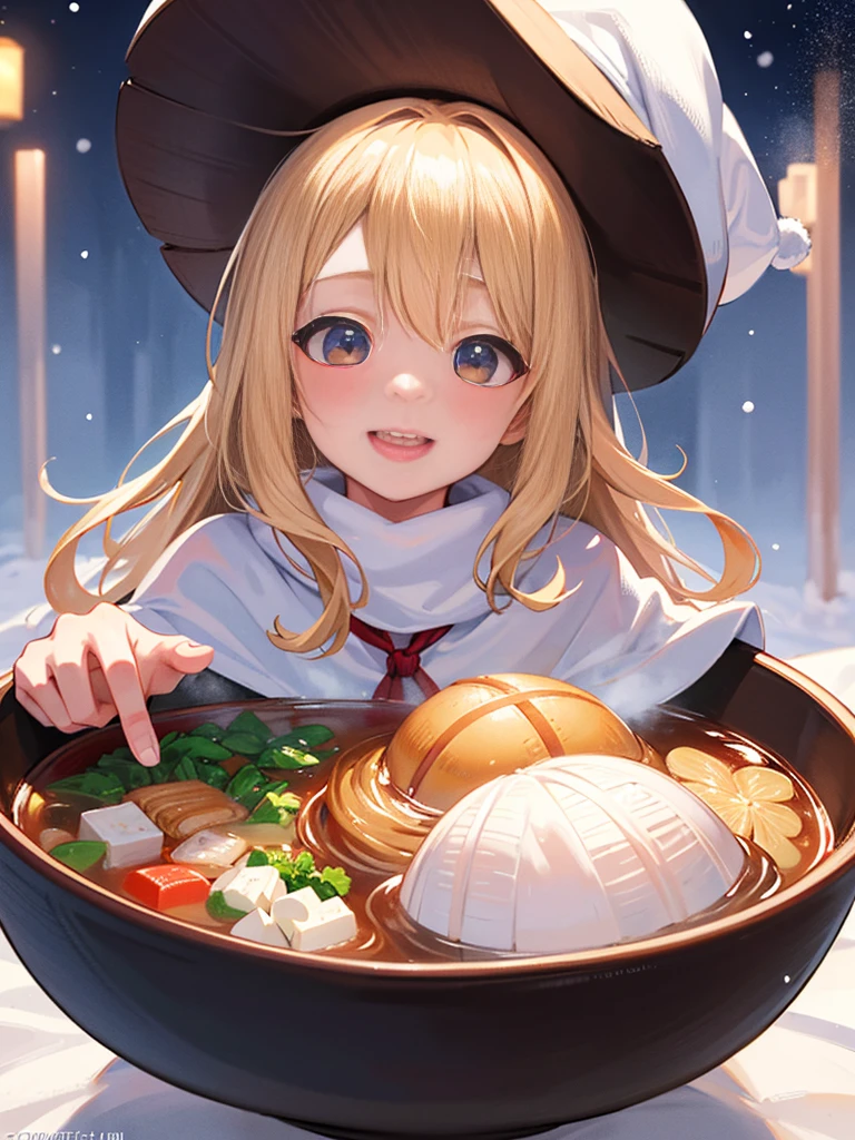photo realistic, photo realistic, photo realistic, (masterpiece,best quality:1.4),(8k,raw photo,photo realistic:1.2),Not Safe for Work, detailed skin,detailed face,1girl,Japanese idol,cute face,Girl Eating Ramen、delicious、stall、1 girl、cute、blonde、wavy hair、long hair、medium bob、Knitted hats、ribbon、white breath、face close up、はにかんだsmile、Winter clothes、Warm clothes、smile、１４age、little girl、white breath、Breathe on your hands、white muffler、Idol、cape、robe、It&#39;s snowing、Exhaled breath is white、steam、Piping hot ramen in a large bowl、