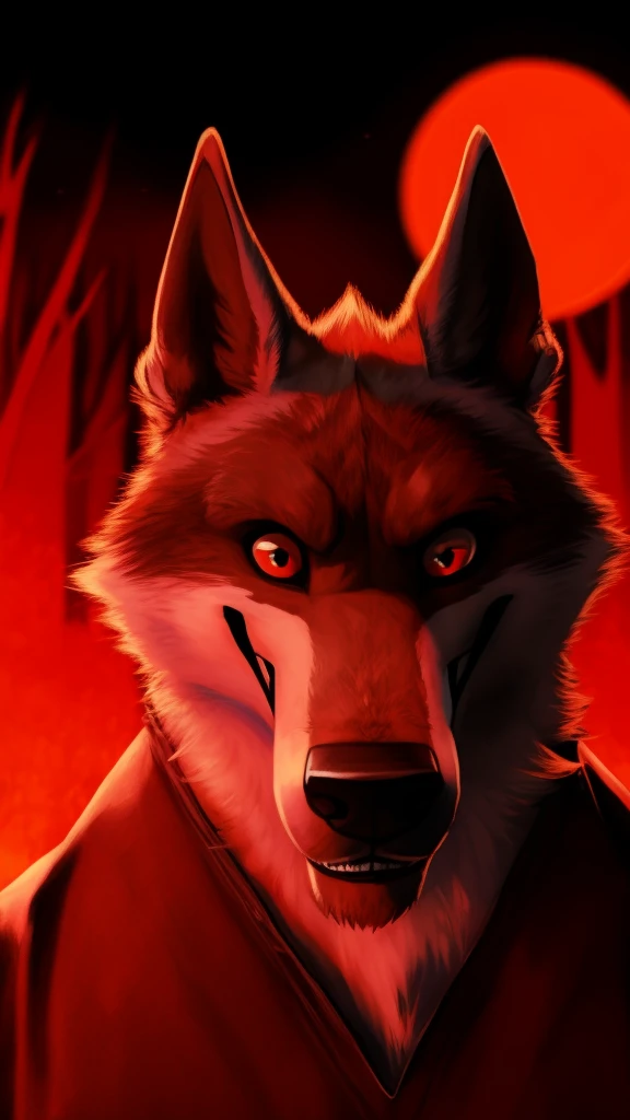 Detailed and dark at the same time portrait of a wolf possessed by great hatred red eyes covered in blood and a red moon in the background and a weird forest distorted smile looking at the viewer serious expression black wings digital art