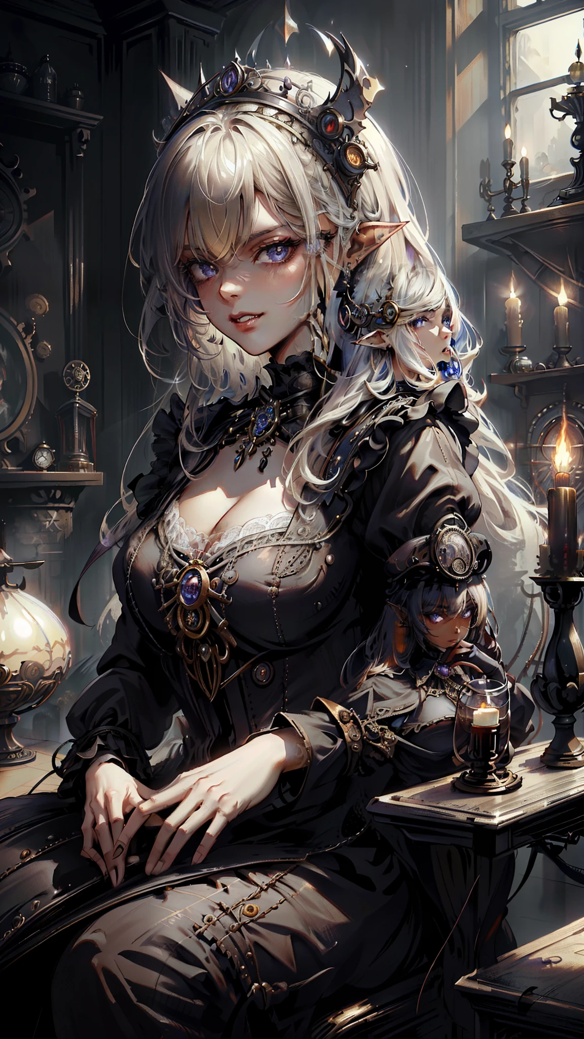 ((masterpiece )), (top quality), (best quality), ((ultra-detailed, 8k quality)), Aesthetics, volumetric lighting, (detailed line art),
BREAK,
highly detailed of (dark elf), (1girl), perfect face, details eye, twins tail hair, Blunt bangs, (hair between eye), blonde white hair, violet eyes, eyelashes, eyeshadow, brown eyeshadow, light smile, design art by Artgerm, by Kawacy, By Yoshitaka Amano,
BREAK,
Potrait of Milf Dark Elf Woman, frensh maid in a frensh maid outfit, steampunk victorian goth maid, headdress, steampunk_costume, indoors, ((antique victorian mansion, steampunk architecture)), dusty, dimly lit, candleholders, covered in cobwebs, cowboy shot, dynamic angle, cinematic dramatic atmosphere, side table, dangling her feet, glaring, grin, looking at viewer, rests her chin on her hand, (steampunk background, (plain background)), correct anatomy, amano yoshitaka, webbedtech, fuzzy organic webs, eroguronansensu, horror, ゴート, steampunk artstyle, SteamPunkAI,
BREAK,
((perfect anatomy)), nice body, medium breast, extremely detailed finger, best hands, perfect face, beautiful face, beautiful eyes, perfect eyes, perfect fingers, (dark skin)