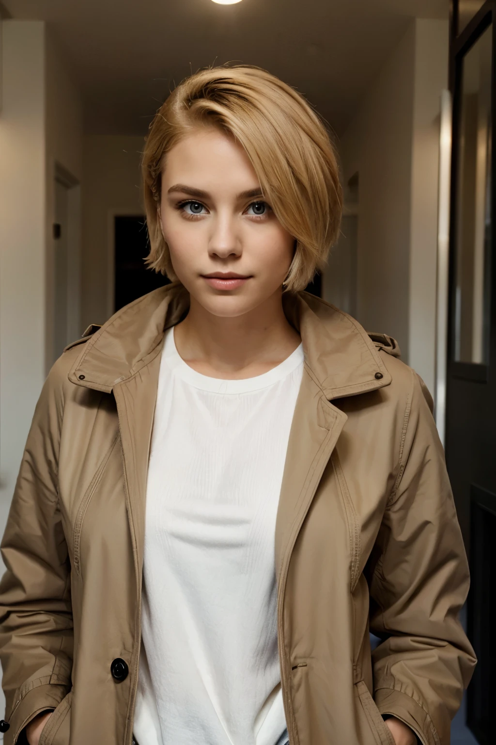 self confident young woman with short blond hair with coat very proud