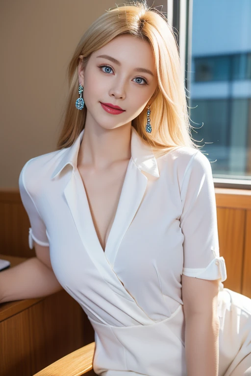 Elf beauty with elongated ears, big breasts, slender figure, slitted blue eyes, semi-long blonde hair, eyes closed, waiting for kiss, business suit, white shirt, grey trousers, sitting at company desk, on break, ultra realistic, realistic capture, high detail, high resolution 16K Human skin close-up Skin texture must be natural and so detailed that pores can be finely identified, Mix4, 20d, SOLO, full body, look-at viewer, (8K, RAW capture, top quality 1), (Real Photo 2), (Real Photo Realistic: 1.37), Professional lighting, photon mapping, radiosity, physics-based rendering.