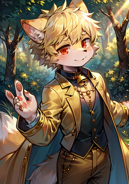 Forest, short hair, blond hair, red eyes, ahog, bell, pocket watch, child, hairy, wolf ears, smile, no spots, golden fur everywhere, golden fur everywhere, wolf ears, wolf type, big fluffy tail, masterpiece, high-quality portrait, humanoid, prince boy, wind, golden trousers, golden coat, golden cape, super cute face