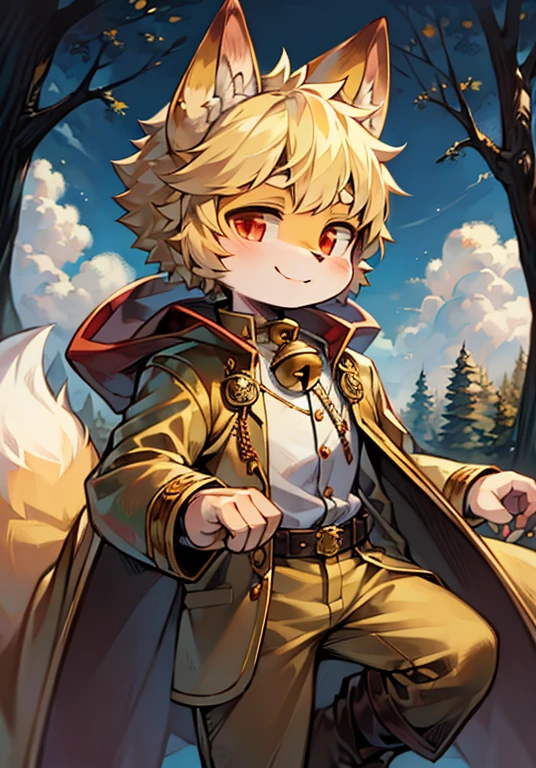 Forest, short hair, blond hair, red eyes, ahog, bell, pocket watch, child, hairy, wolf ears, smile, no spots, golden fur everywhere, golden fur everywhere, wolf ears, wolf type, big fluffy tail, masterpiece, high-quality portrait, humanoid, prince boy, wind, golden trousers, golden coat, golden cape, super cute face