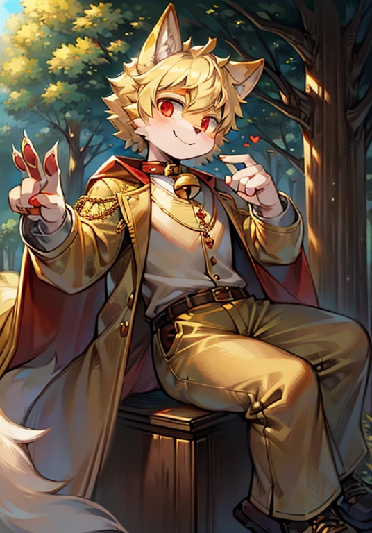 Forest, short hair, blond hair, red eyes, ahog, bell, pocket watch, , hairy, wolf ears, smile, no spots, golden fur everywhere, golden fur everywhere, wolf ears, wolf type, big fluffy tail, masterpiece, high-quality portrait, humanoid, prince boy, wind, golden trousers, golden coat, golden cape, super cute face