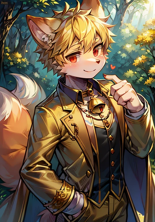 Forest, short hair, blond hair, red eyes, ahog, bell, pocket watch, child, hairy, wolf ears, smile, no spots, golden fur everywhere, golden fur everywhere, wolf ears, wolf type, big fluffy tail, masterpiece, high-quality portrait, humanoid, prince boy, wind, golden trousers, golden coat, golden cape, super cute face