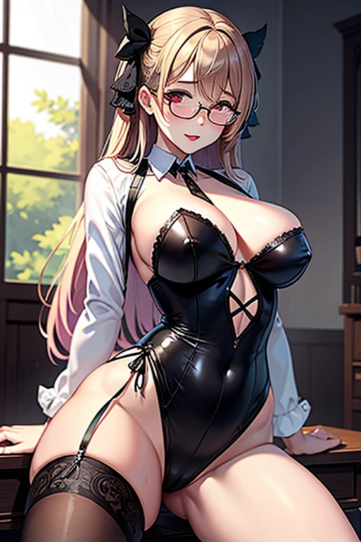 (erotic, seductive, lustful), (masterpiece, best quality), (intricate details), ultra detailed, beautiful and aesthetic, (photo), (1girl), nakiri erina, fellatio, lipstick, medium breast, teacher clothes, stockings, glasses, ecstatic eyes, blushing, highly detailed, solo