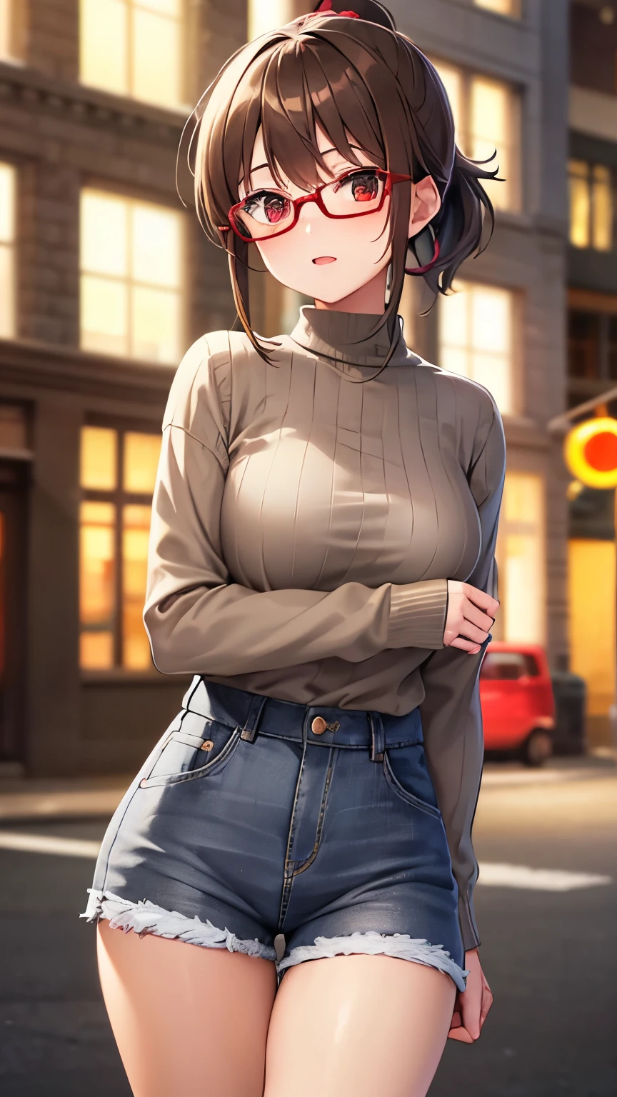 Girl, brown hair, ponytail short hair, red eyes, glasses, cute girl, light city, grey sweater, short jeans